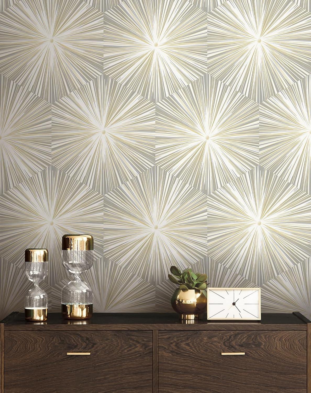 NextWall Grey & Metallic Gold Hex Starburst Peel and Stick Wallpaper