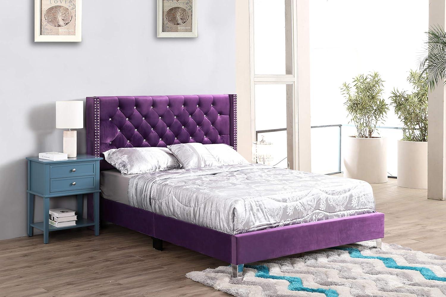 Purple Tufted Upholstered Queen Bed with Nailhead Trim