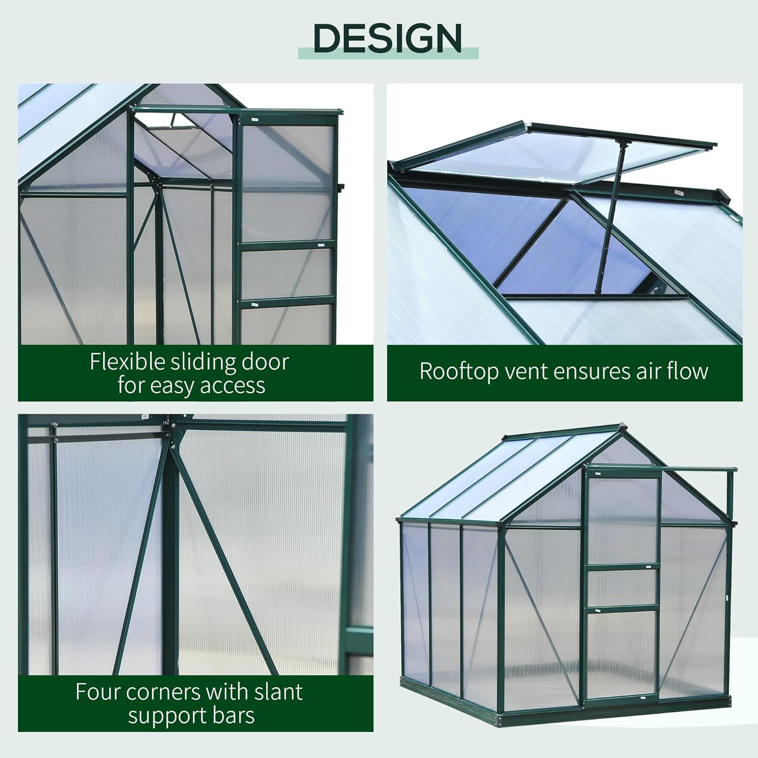 Outsunny 6' x 4' Greenhouse for Outdoors, Polycarbonate Greenhouse with Rain Gutter and Roof Vent, Aluminum Walk-in Green Houses for Outside for Patio Backyard Garden, Dark Green