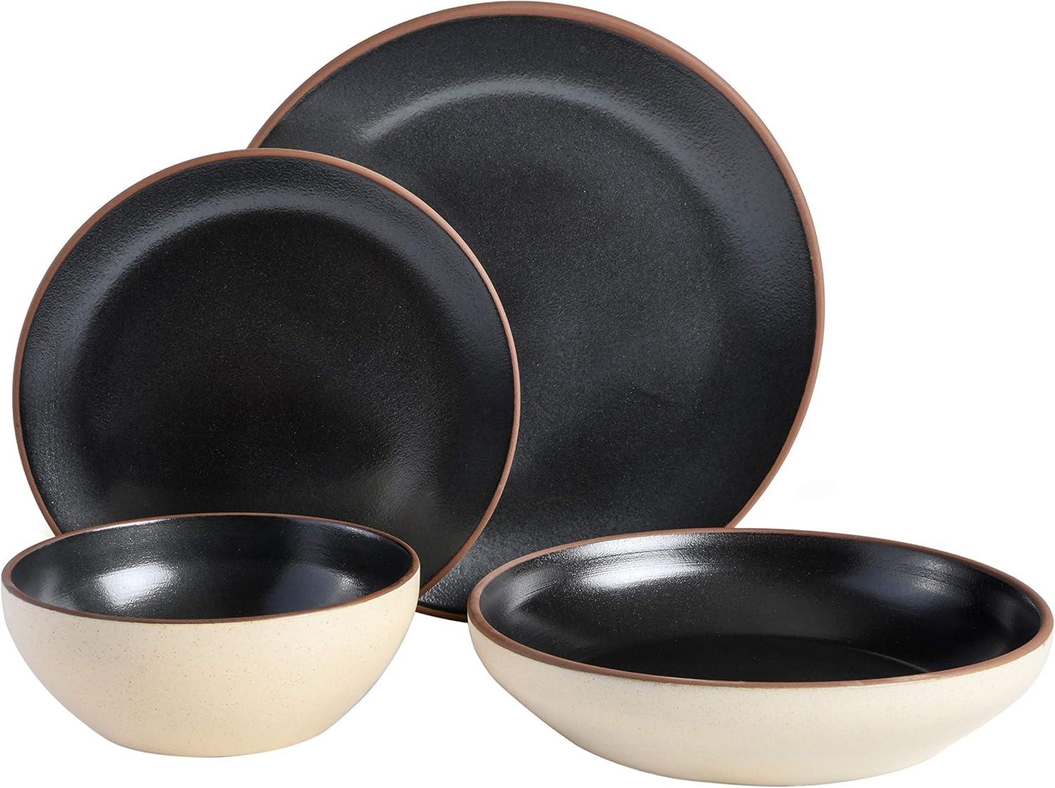 Black and Beige Ceramic 16-Piece Dinnerware Set, Service for 4