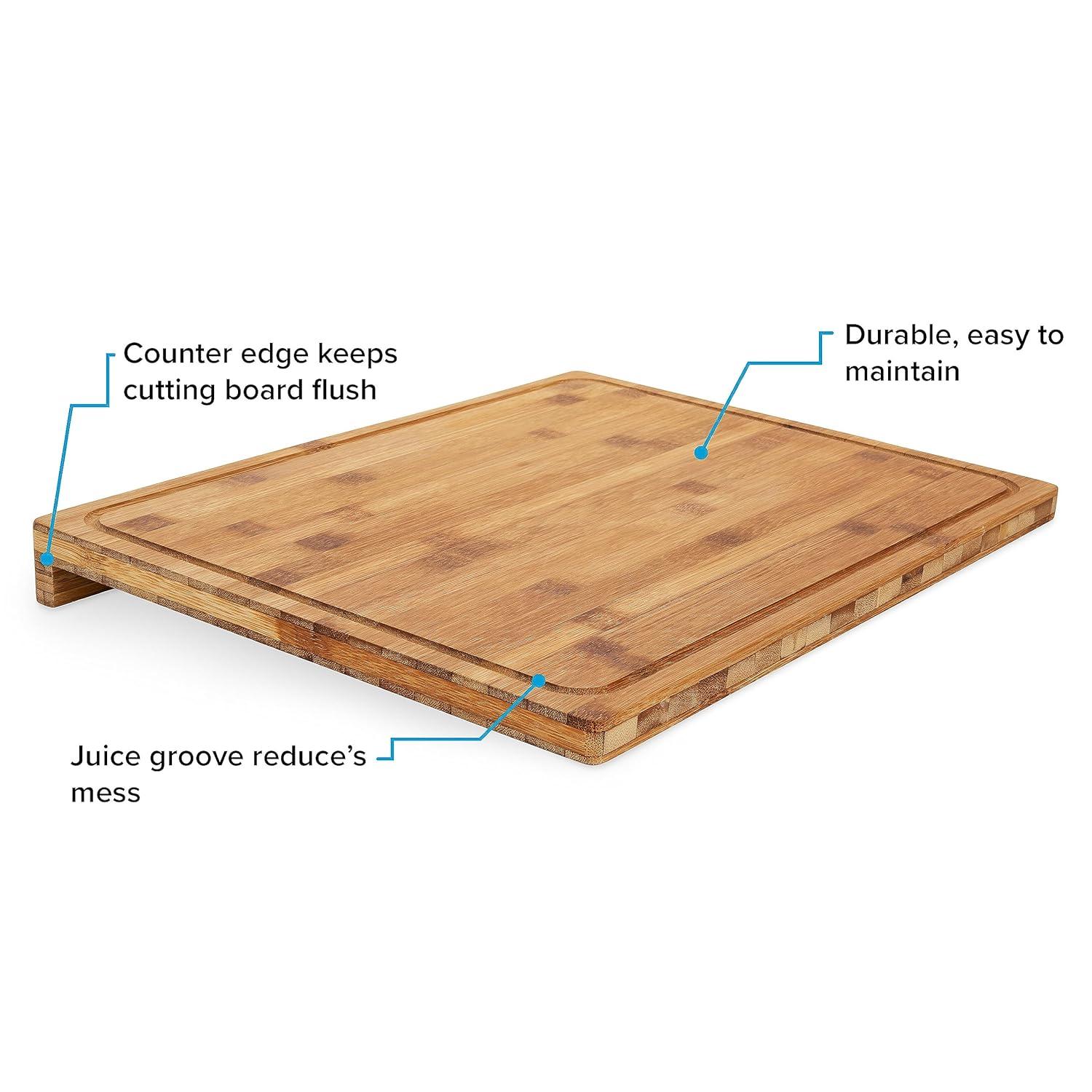 Camco Camper/RV Bamboo Cutting Board | Features Built-In Counter Edge & Juice Groove | Measures 18-inches x 14-inches x 1-3/4-inches (43545)