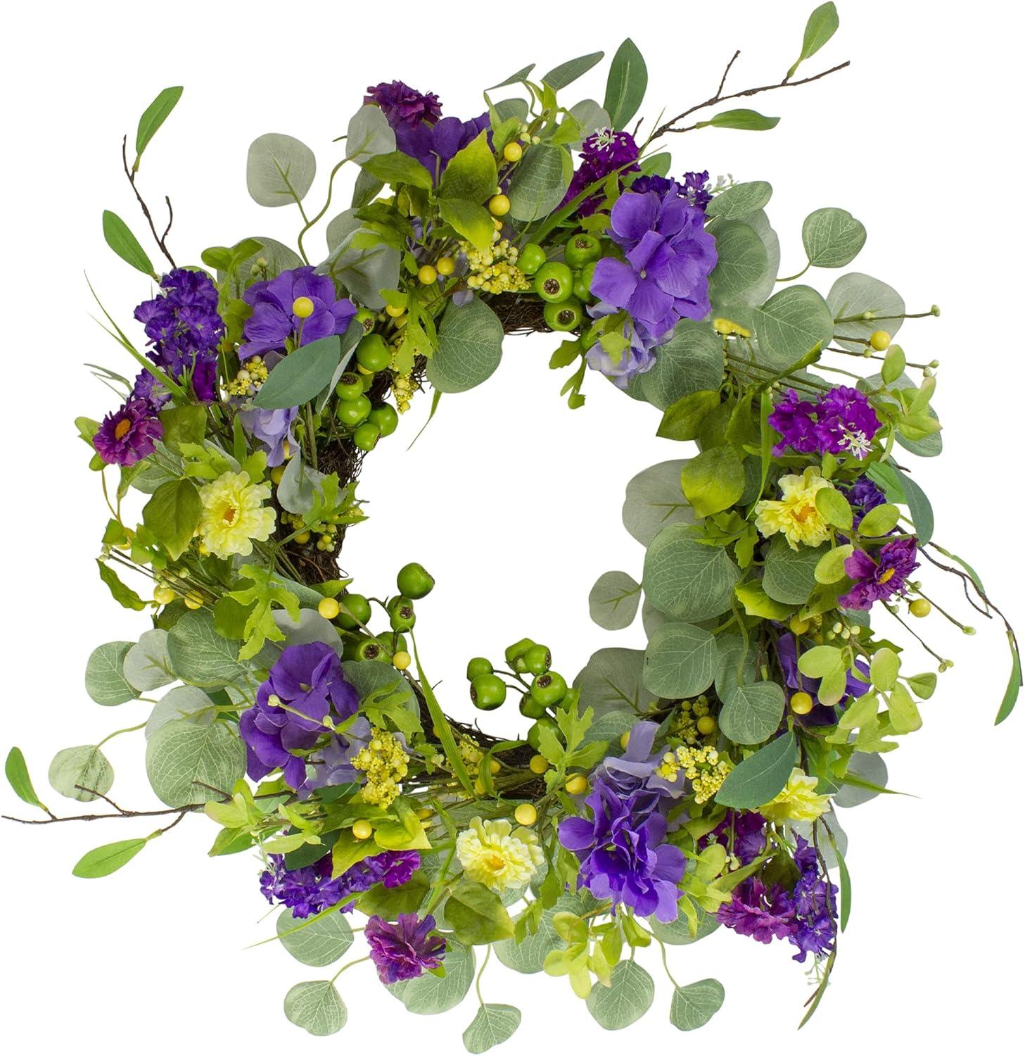 Eucalyptus and Hydrangea Floral Berry Spring Wreath Purple and Yellow 23"