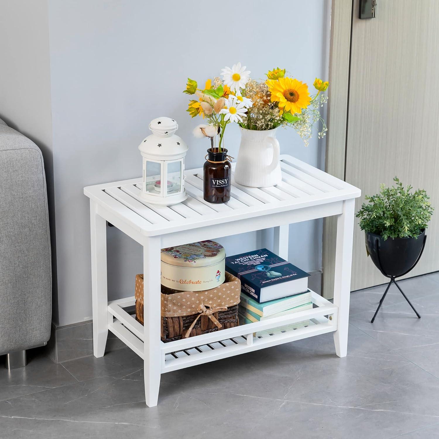 Zoopolyn Bamboo Shower Bench Seat with Storage Shelf Shower Stool Chair for Shaving Legs in Bathroom & Inside Shower Natural