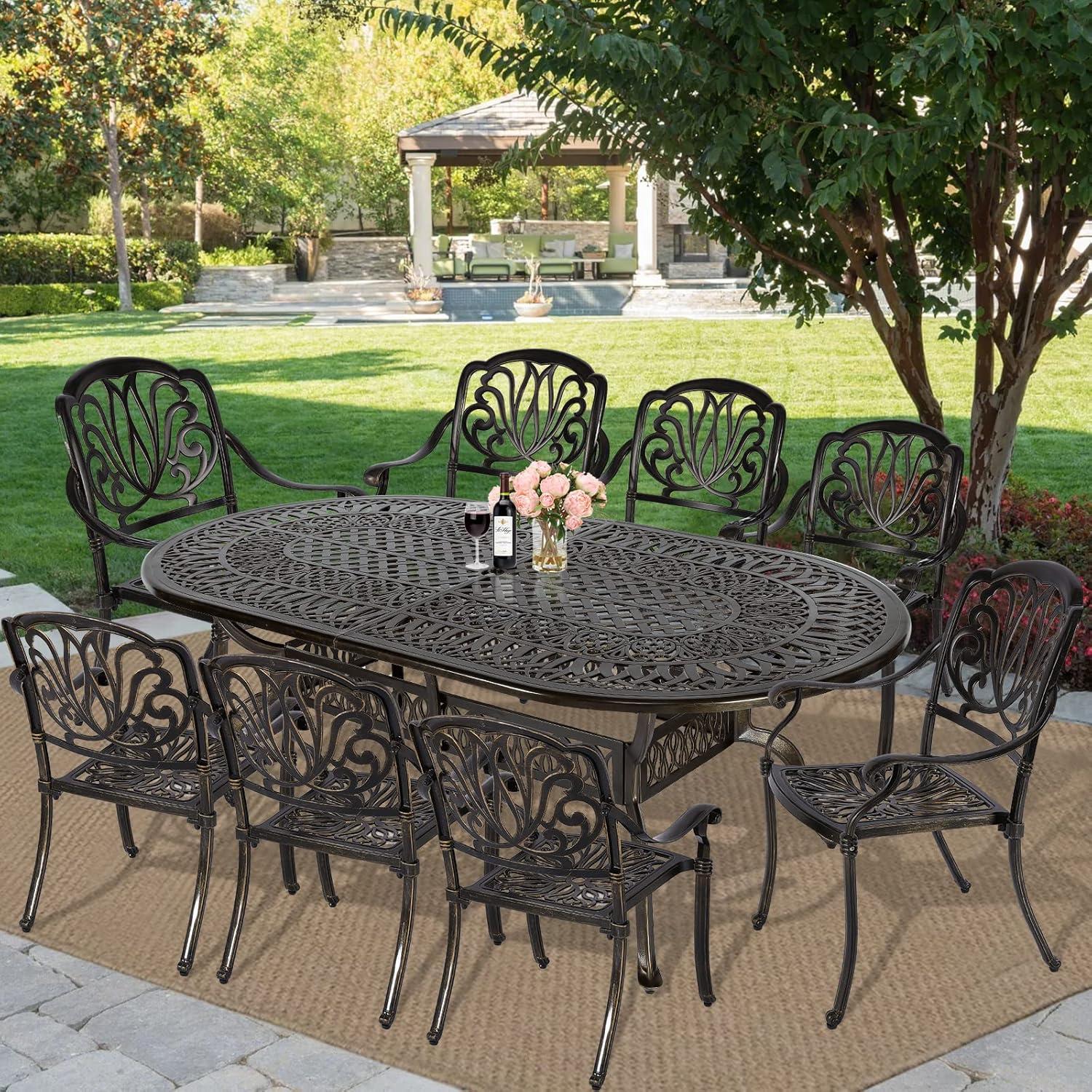 MEETWARM 9-Piece Outdoor Furniture Dining Set, All Weather Cast Aluminum Patio Garden Set with 8 Chairs,1 Oval Table, 2.2" Umbrella Hole, Dark Bronze