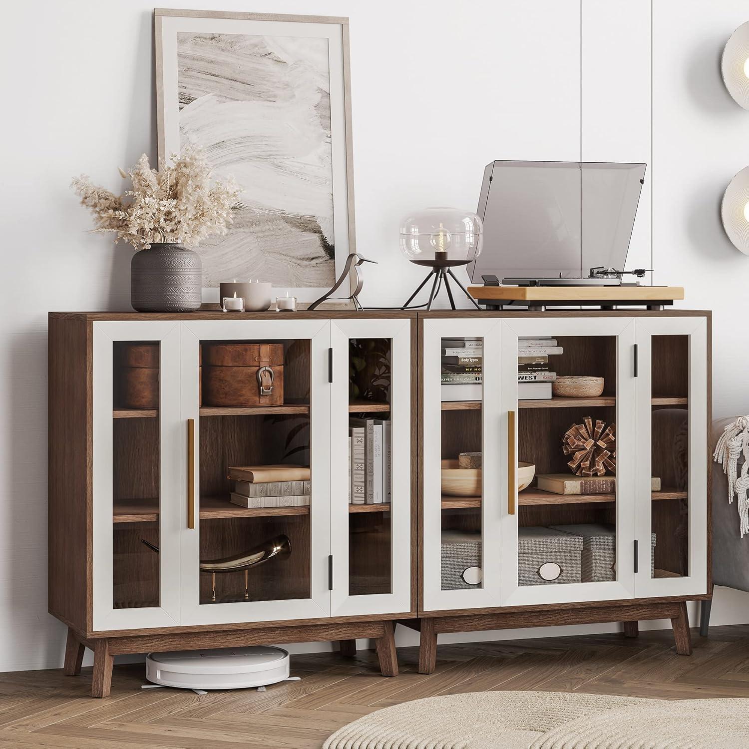 White and Brown Glass Door Curio Cabinet with Gold Hardware