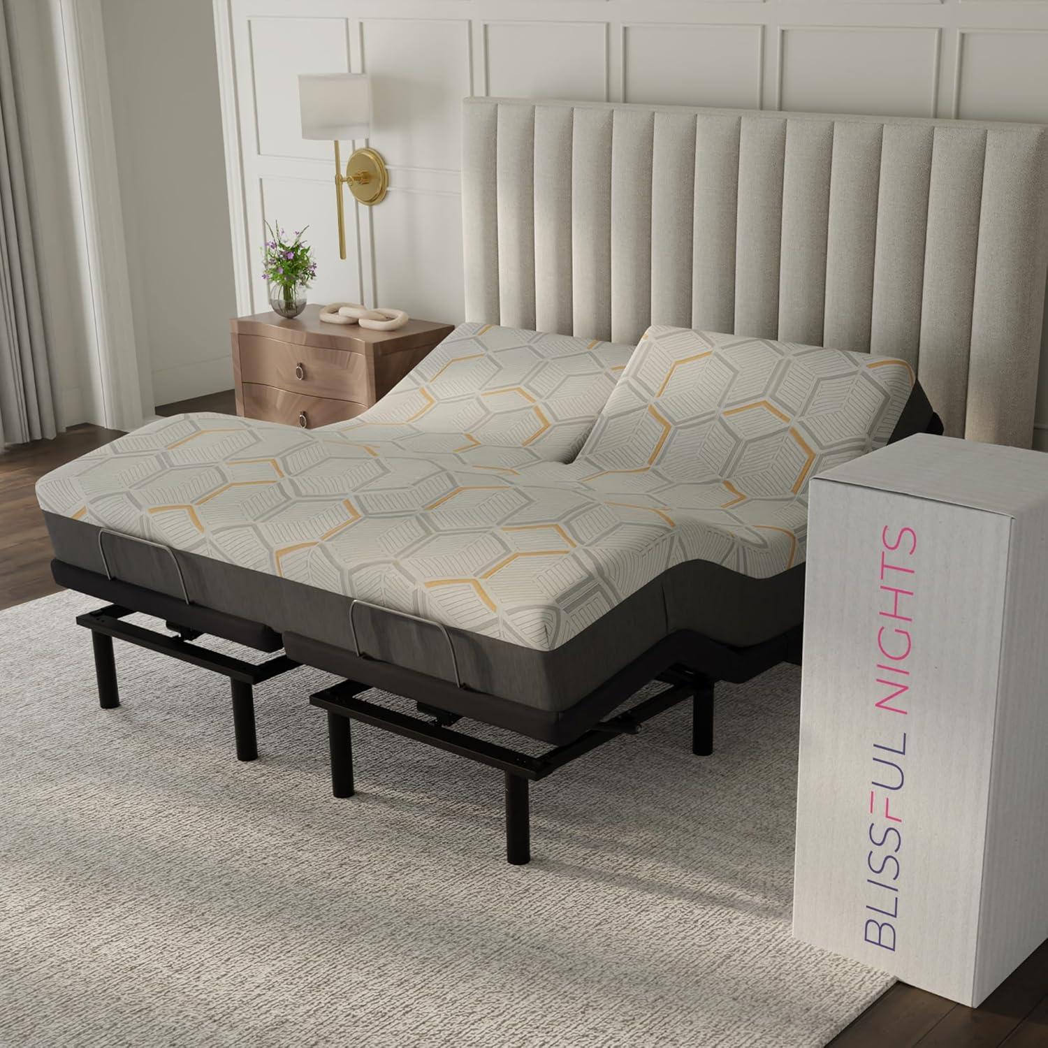 Blissful Nights - e4 Split Head Flex Top King Size Adjustable Bed Frame Set with 12" Copper Gel Infused Memory Foam Mattress Medium Firm, 120-Night Trial