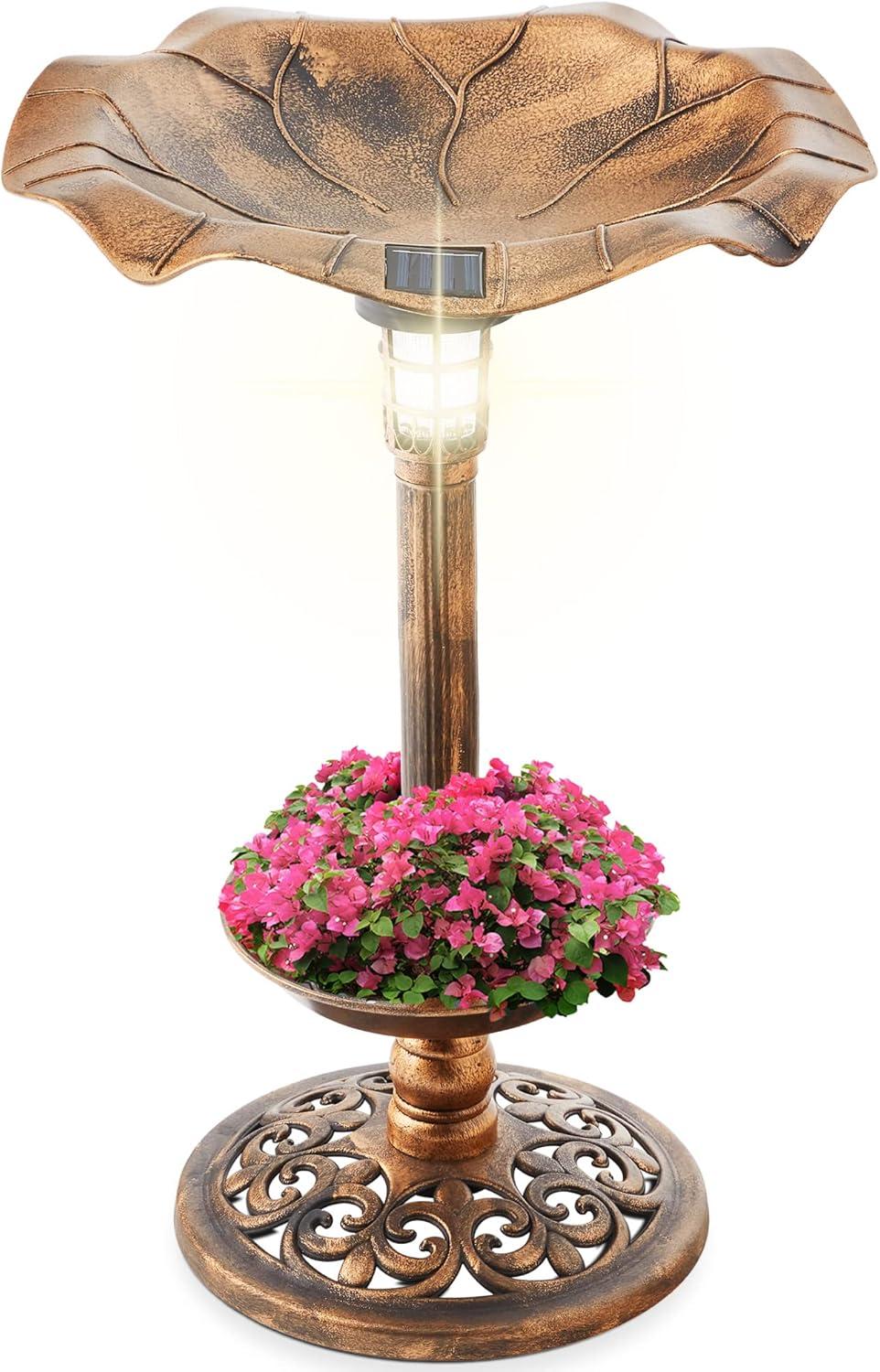 Bronze Solar Lighted Pedestal Bird Bath with Planter