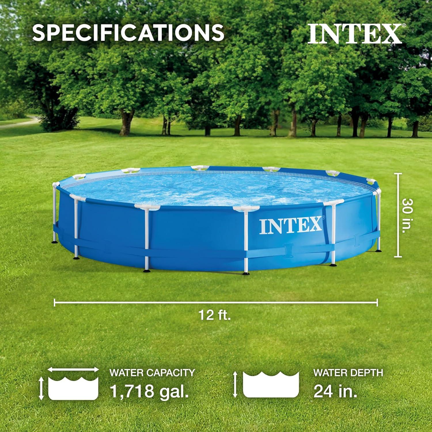 Intex 12 Foot x 30 Inch Round Metal Frame Above Ground Outdoor Swimming Pool Set with Filter Pump and Easy Set Round Vinyl Pool Cover, Blue