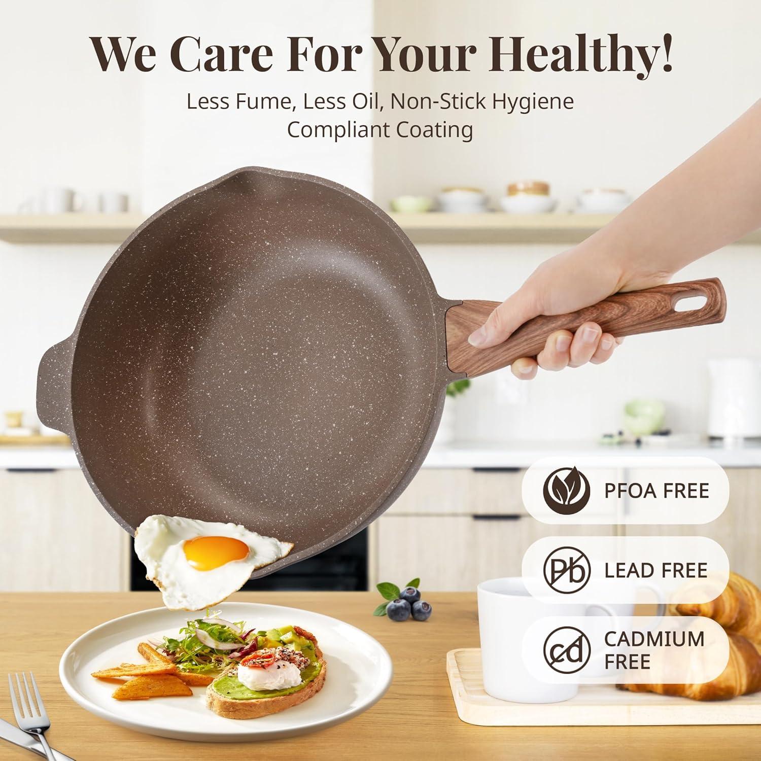 ARC 11 Inch Nonstick Deep Frying Pan Skille With Lid,5qt Sauté Pan For Cooking With Steam Rack,healthy Large Skillet,stay Cool Handle, Induction Compatible, Pfoa & Pfas Free. (brown)