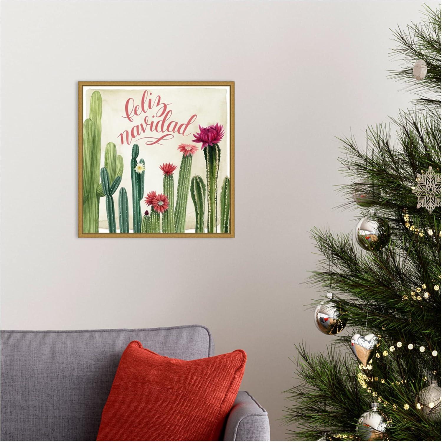 16" x 16" Christmas Cactus I Feliz Navidad by Grace Popp Framed Canvas Wall Art - Amanti Art: Modern Decor, Seasonal Holiday