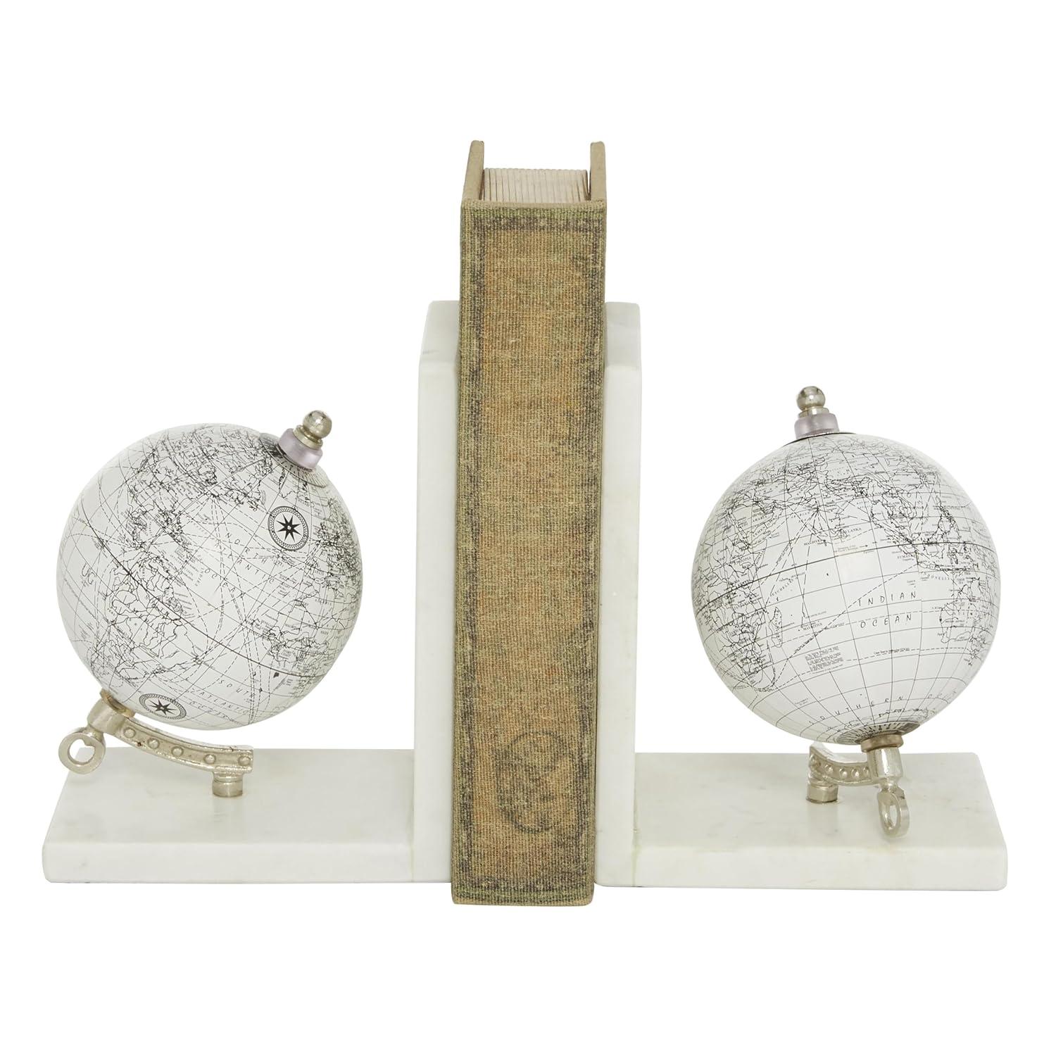 Deco 79 Marble Globe Decorative Bookends Non Skid Bookends with Silver Metal Accents, Set of 2 Office Bookends5"W, 7"H, White