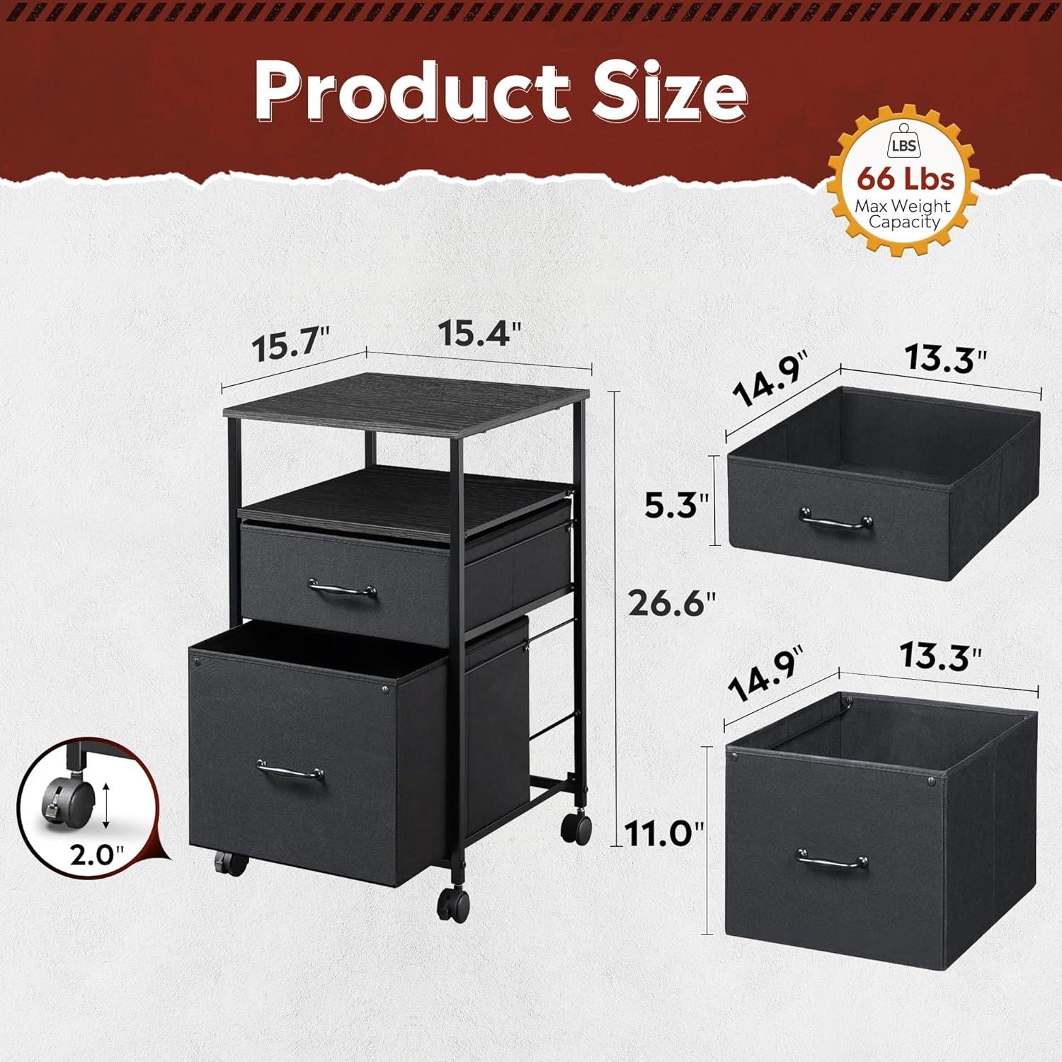 2 Drawer Mobile File Cabinet, Rolling Printer Stand with Open Storage Shelf, Fabric Vertical Filing Cabinet fits A4 or Letter Size for Home Office, Black