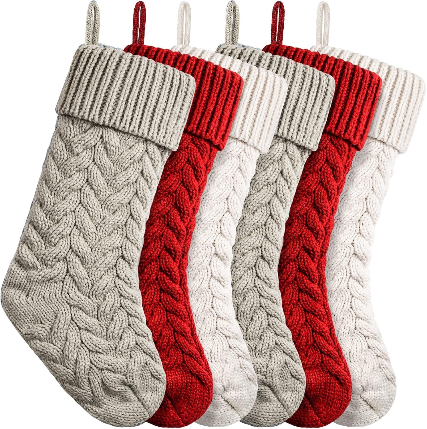 18 Inches Christmas Stockings Knit Xmas Stockings Large Fireplace Hanging Stockings for Family Christmas Decoration (Burgundy.Ivory.Khaki. 6)