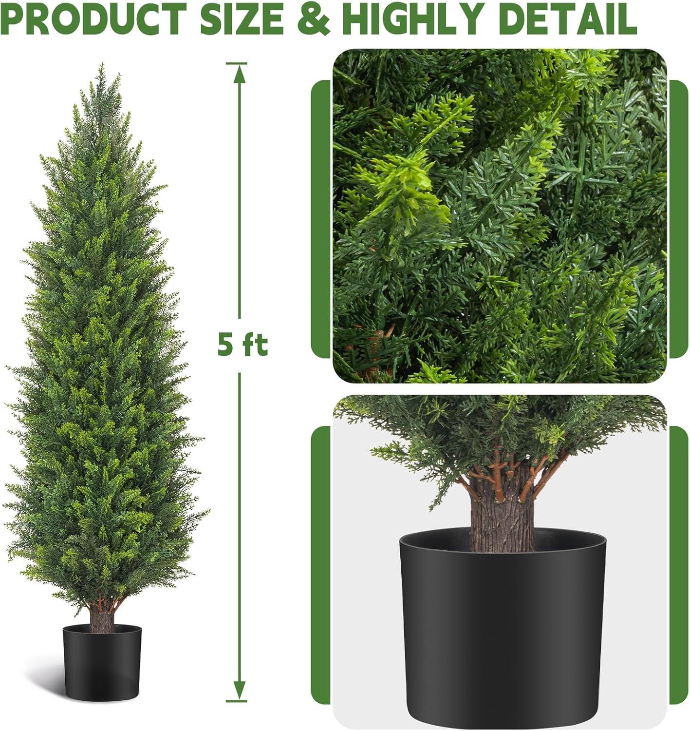 2 Pack 5 ft Artificial Cedar Tree UV Rated , Artificial Christmas Topiary Tree, Pre-Potted Plants for Indoor Outdoor Housewarming Gift Home Decor, DR.Planzen