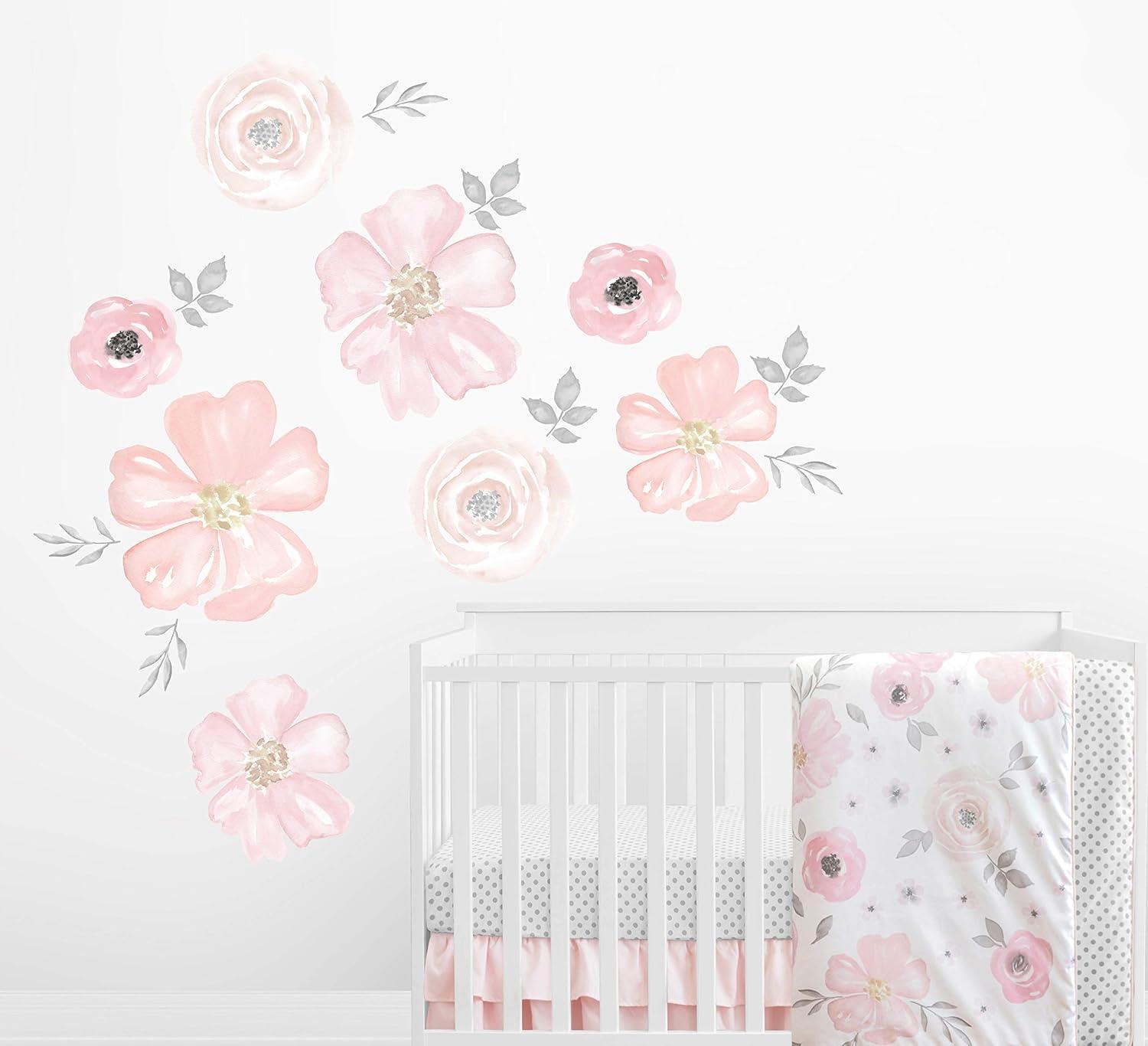 Blush Pink and Grey Watercolor Floral Nursery Wall Decals