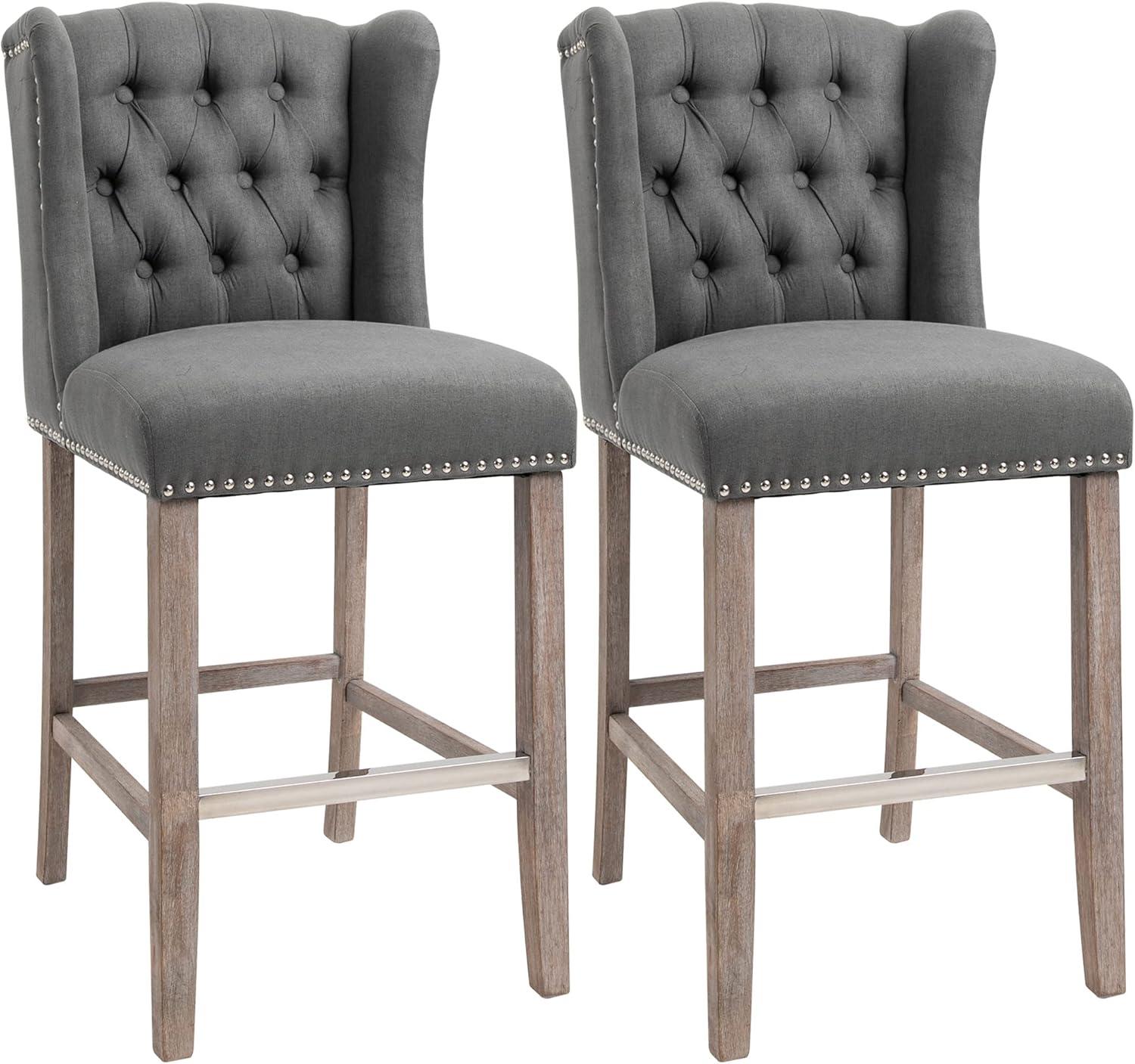 HOMCOM Counter Height Bar Stools Set of 2, Upholstered 26.75" Seat Height Barstools, Breakfast Chairs with Nailhead-Trim & Tufted Back, Wood Legs