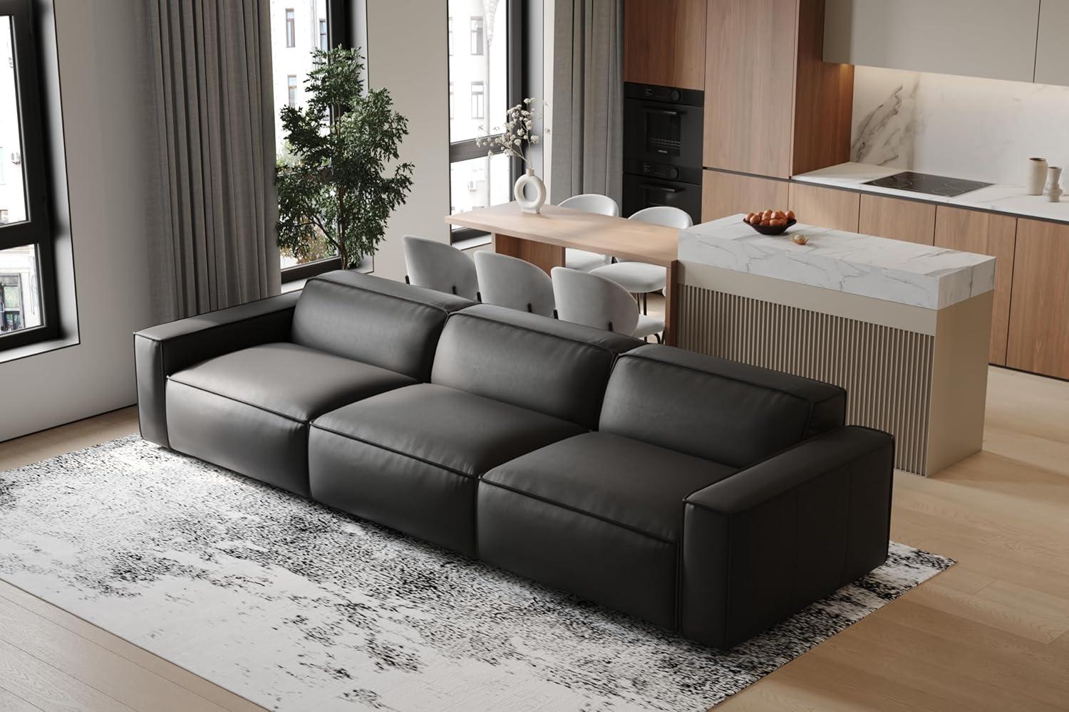 Hokku Designs Hamall Valencia Nathan Full Aniline Leather Modular Sofa With Down Feather, Three Seats, Black Color