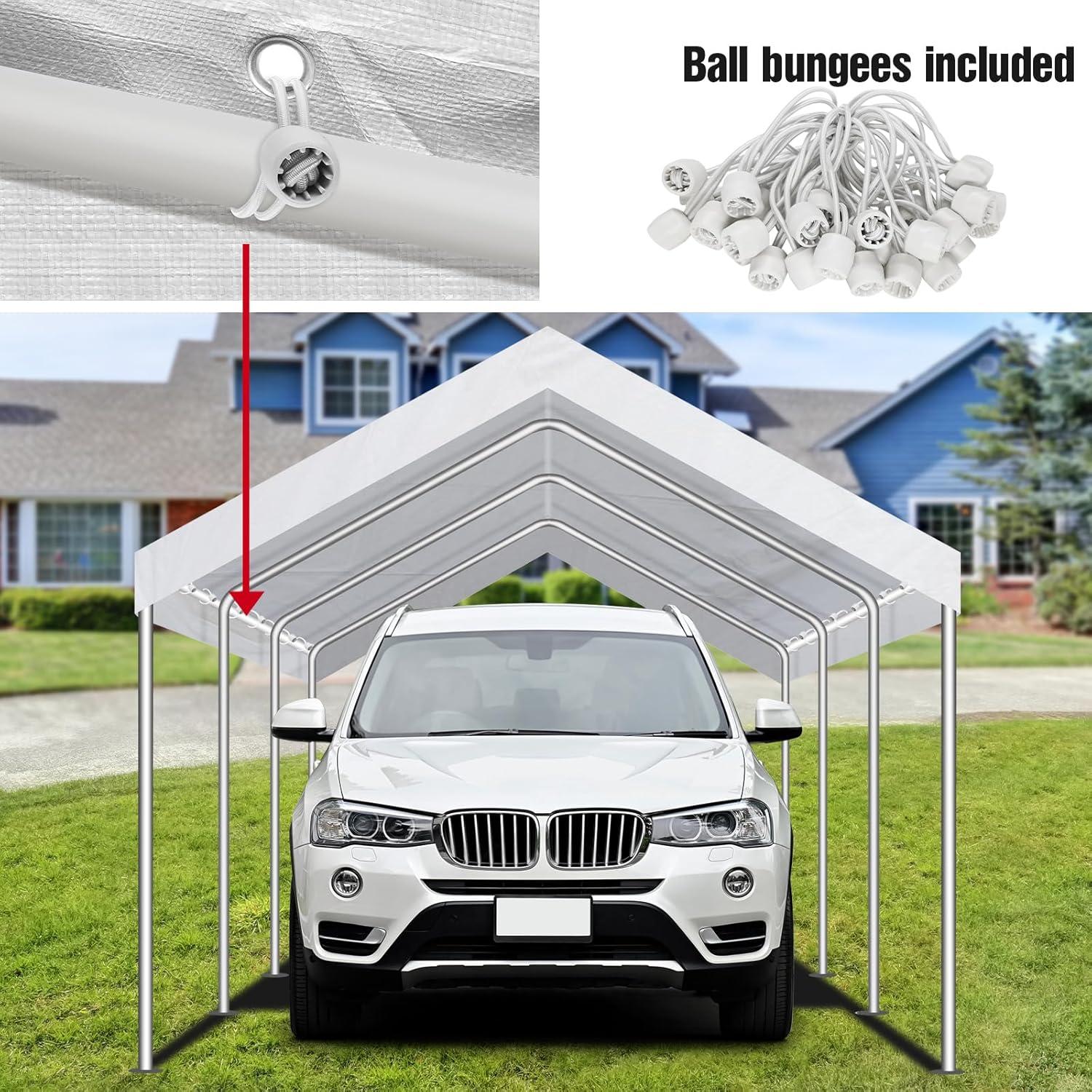 White 10'x20' Waterproof UV-Resistant Carport Canopy Cover with Bungee Cords