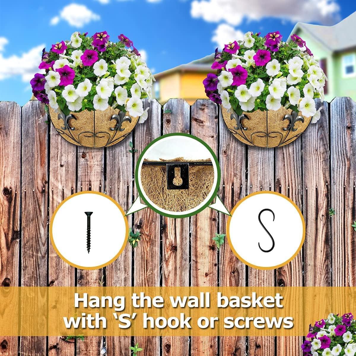 Ashman Wall/Rail Metal Plant Basket, Black, 2 Pack – Hanging Flower Planters for Fences & Walls