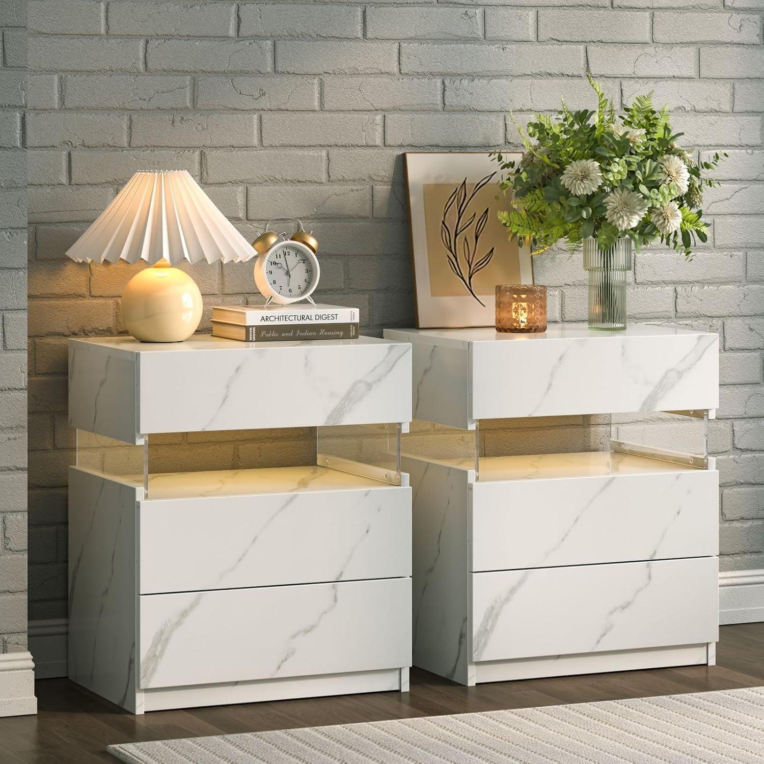 White and Gray LED 3-Drawer Nightstand Set