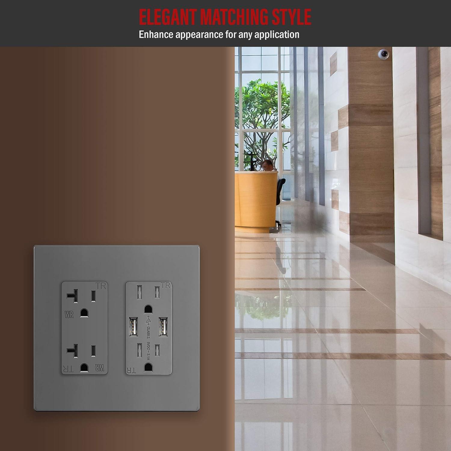 ENERLITES Screwless Decorator Wall Plates Child Safe Outlet Covers, Size 2-Gang 4.68" H x 4.73" L, Unbreakable Polycarbonate Thermoplastic, SI8832-GY, Glossy, Gray