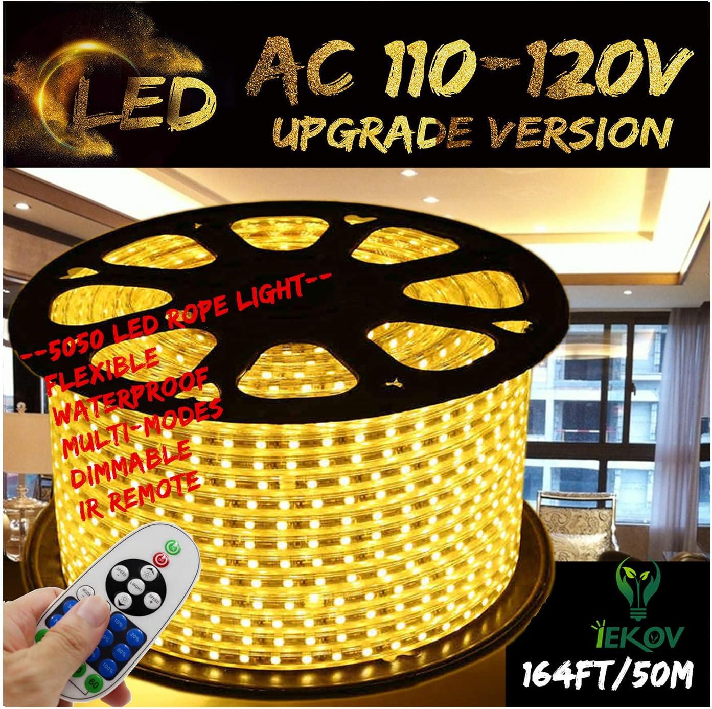 Warm White Color LED Strip Light, AC 110-120V Flexible/Waterproof/Multi-Modes Function/Dimmable SMD5050 LED Rope Light with Remote for Home/Office/Building Decoration (164ft/50m)