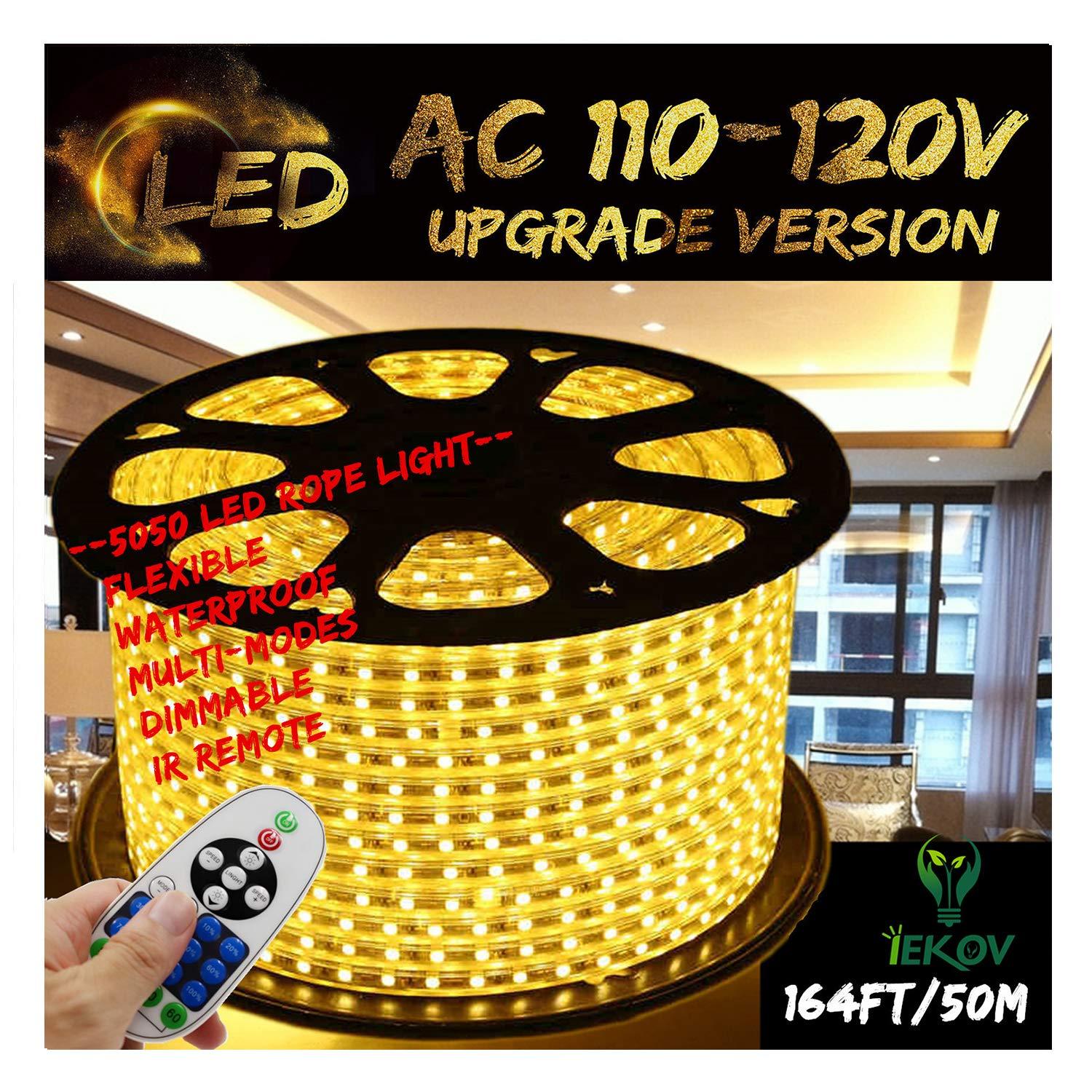 Warm White Color LED Strip Light, AC 110-120V Flexible/Waterproof/Multi-Modes Function/Dimmable SMD5050 LED Rope Light with Remote for Home/Office/Building Decoration (164ft/50m)