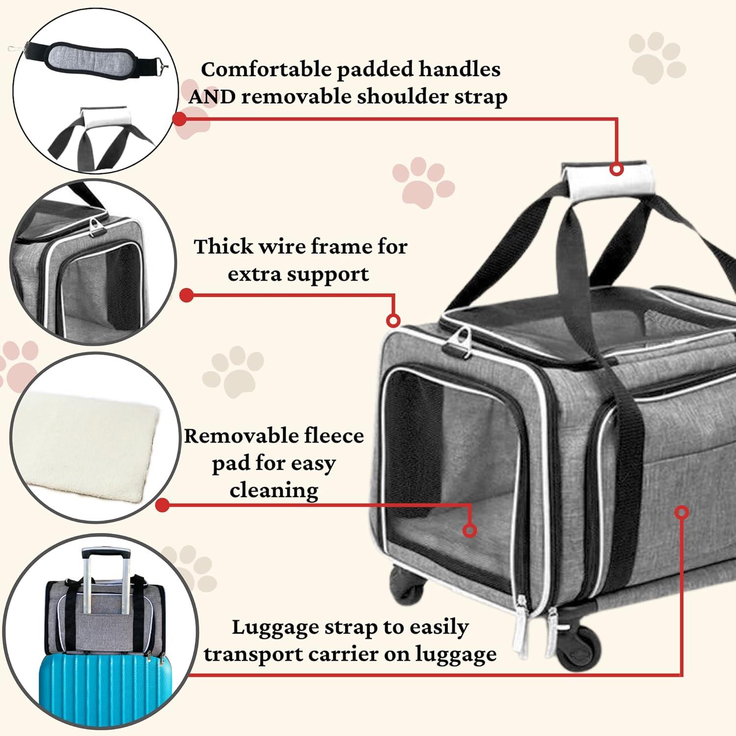 Ruff Life Airline Approved Expandable Premium Pet Carrier on Wheels- Two Sided Expandable Rolling Carrier- Designed for Dogs & Cats- Extra Spacious Soft Lined Carrier! - Pink