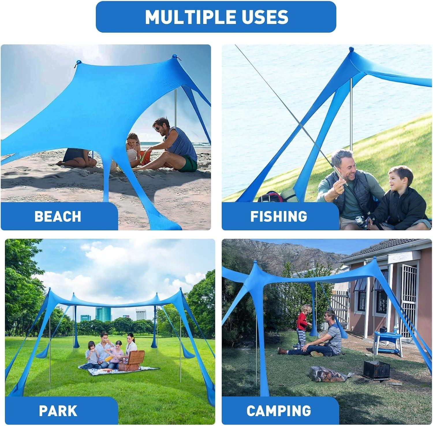 Beach Tent Canopy Pop Up Shade 10x10ft Sun Shelter Portable Family UPF50+ with 8 Sandbags-2 Sand Shovel-4 Aluminum Poles-Ground Pegs-Carrying Bag for Outdoor Camping Fishing Backyard Picnic