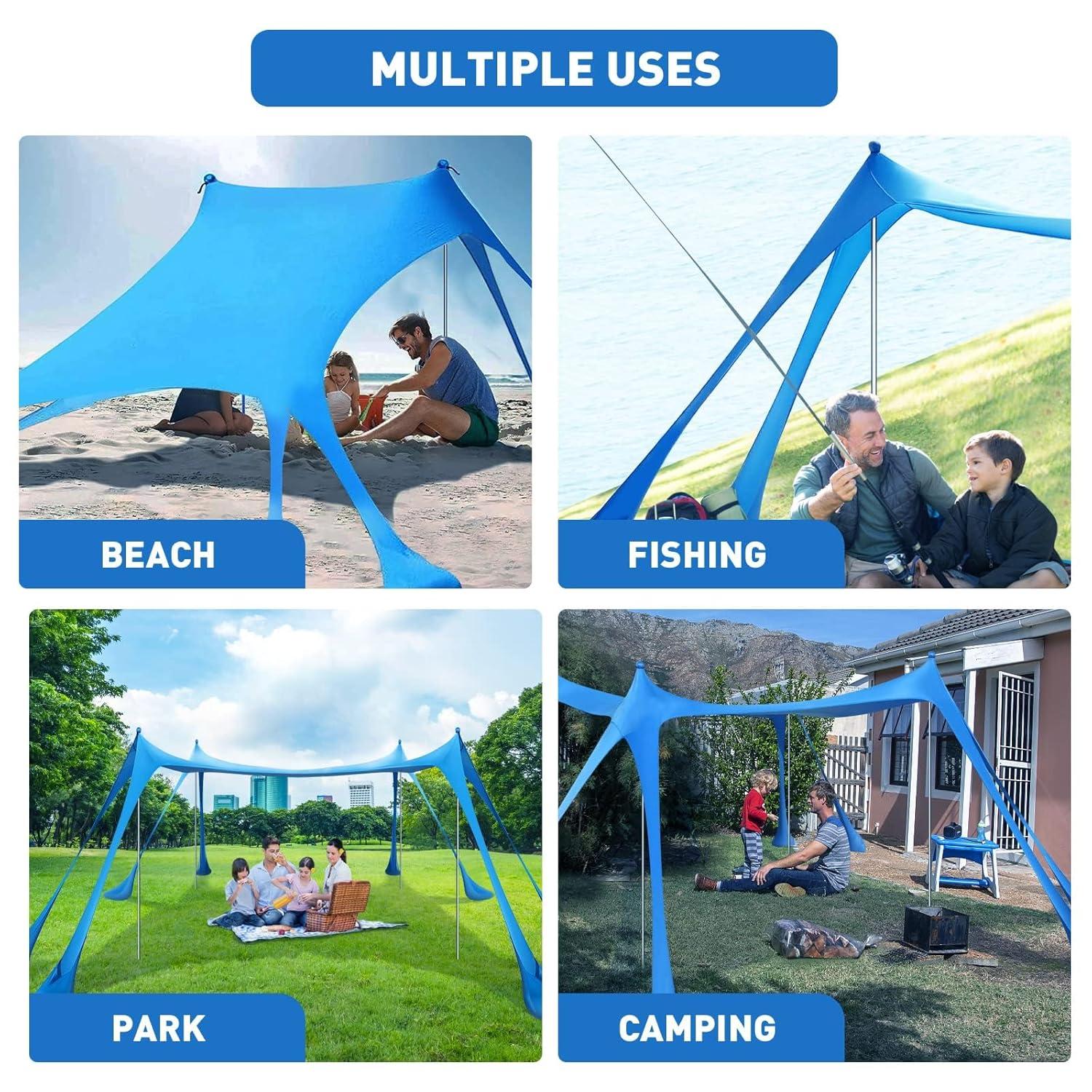 Beach Tent Canopy Pop Up Shade 10x10ft Sun Shelter Portable Family UPF50+ with 8 Sandbags-2 Sand Shovel-4 Aluminum Poles-Ground Pegs-Carrying Bag for Outdoor Camping Fishing Backyard Picnic