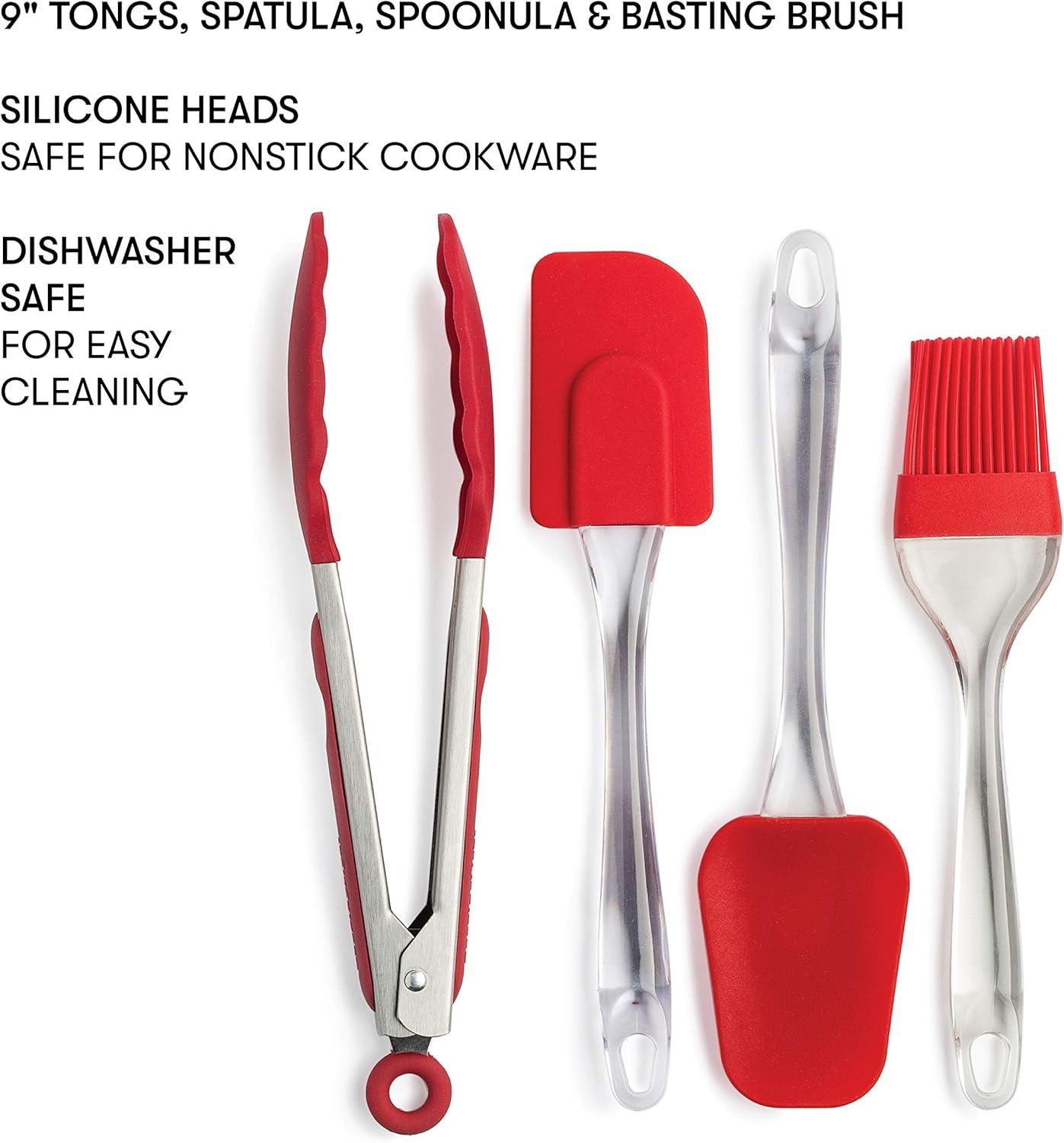 Red Silicone 4-Piece Cooking Utensil Set with Clear Handles