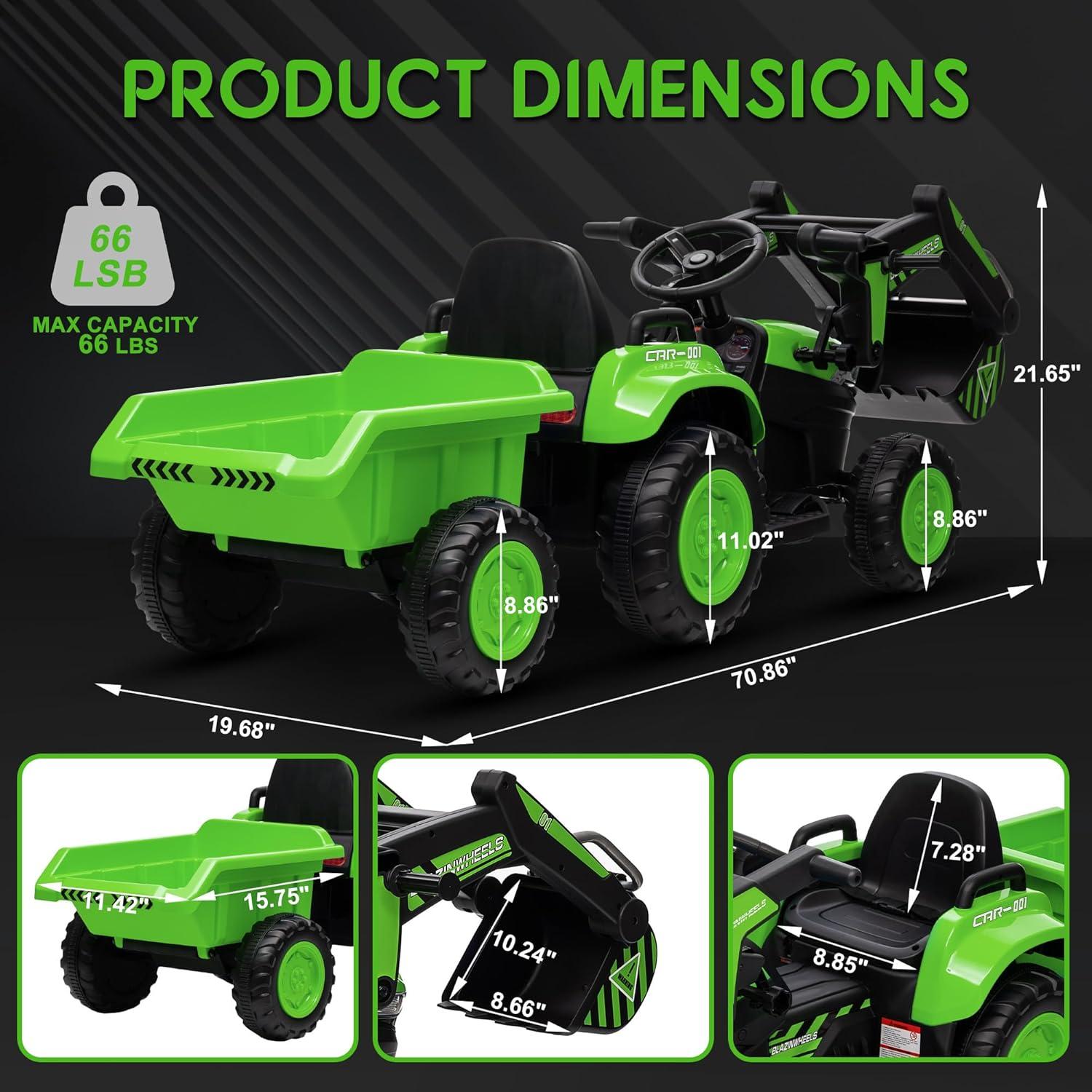 Green 12V Kids Ride-On Tractor with Detachable Trailer