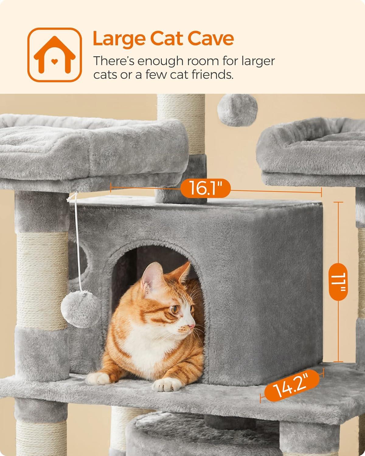 FEANDREA 67-Inch Multi-Level Cat Tree for Large Cats with Cozy Perches Stable Light Gray