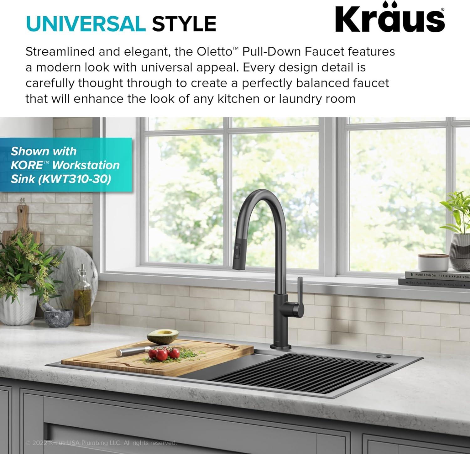 KRAUS Oletto Single Handle Pull Down Kitchen Faucet in Matte Black / Spot Free Black