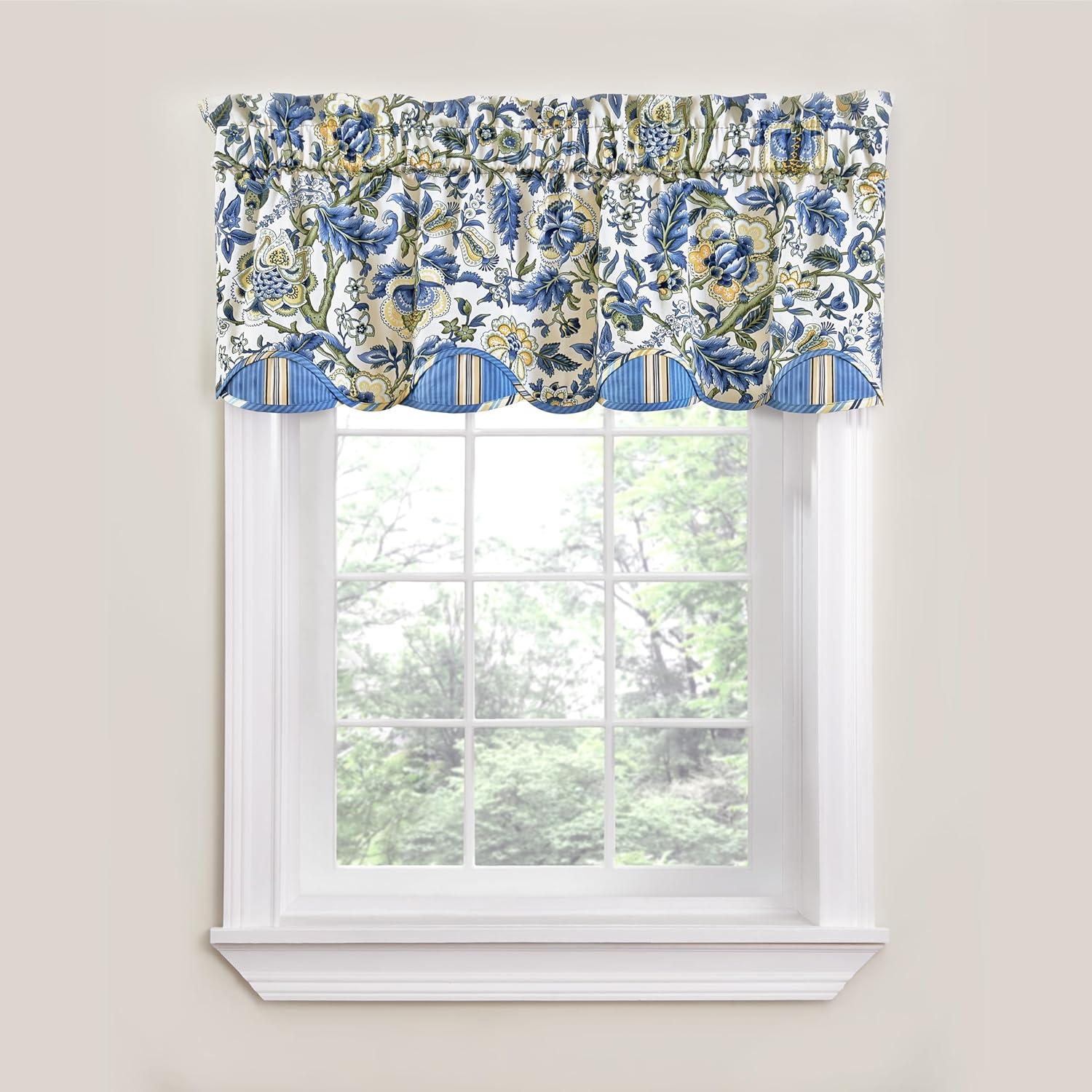 Elegant Porcelain Blue and Ivory Jacobean Floral Cotton Valance, 80" x 18"