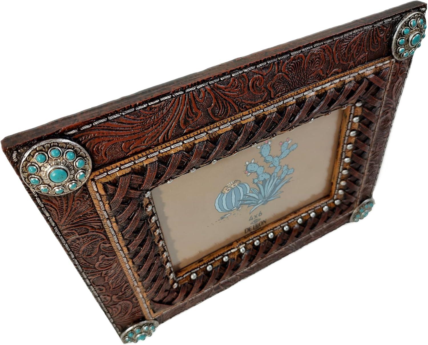 Bungalow Rose Rynisha Faux Tooled Leather Western Rustic Turquoise Concho 6” x 4” Standing Photo Picture Frame