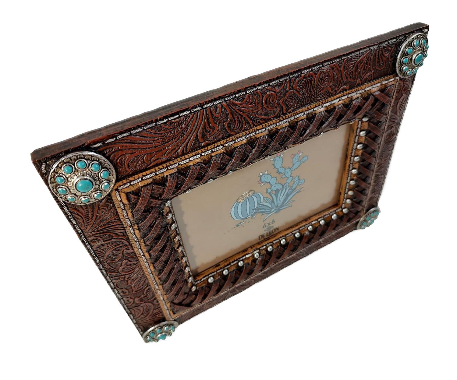 Bungalow Rose Rynisha Faux Tooled Leather Western Rustic Turquoise Concho 6” x 4” Standing Photo Picture Frame