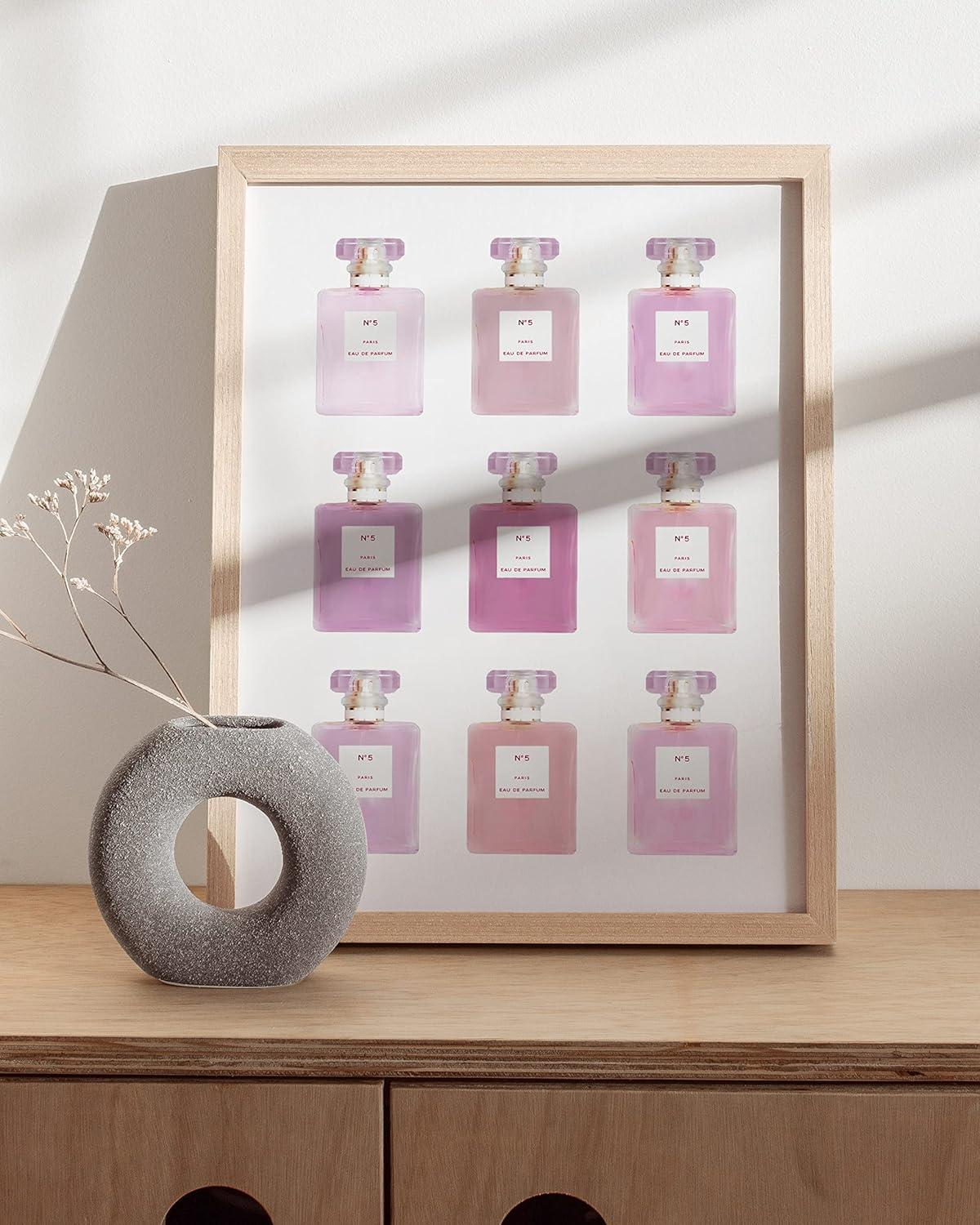 HAUS AND HUES Wall Art Eau De Parfum | Blush Pink Wall Decor Fashion Wall Art for Women Pink Wall Art for Bedroom Vanity Room Wall Art | BEIGE FRAMED 12” x16”