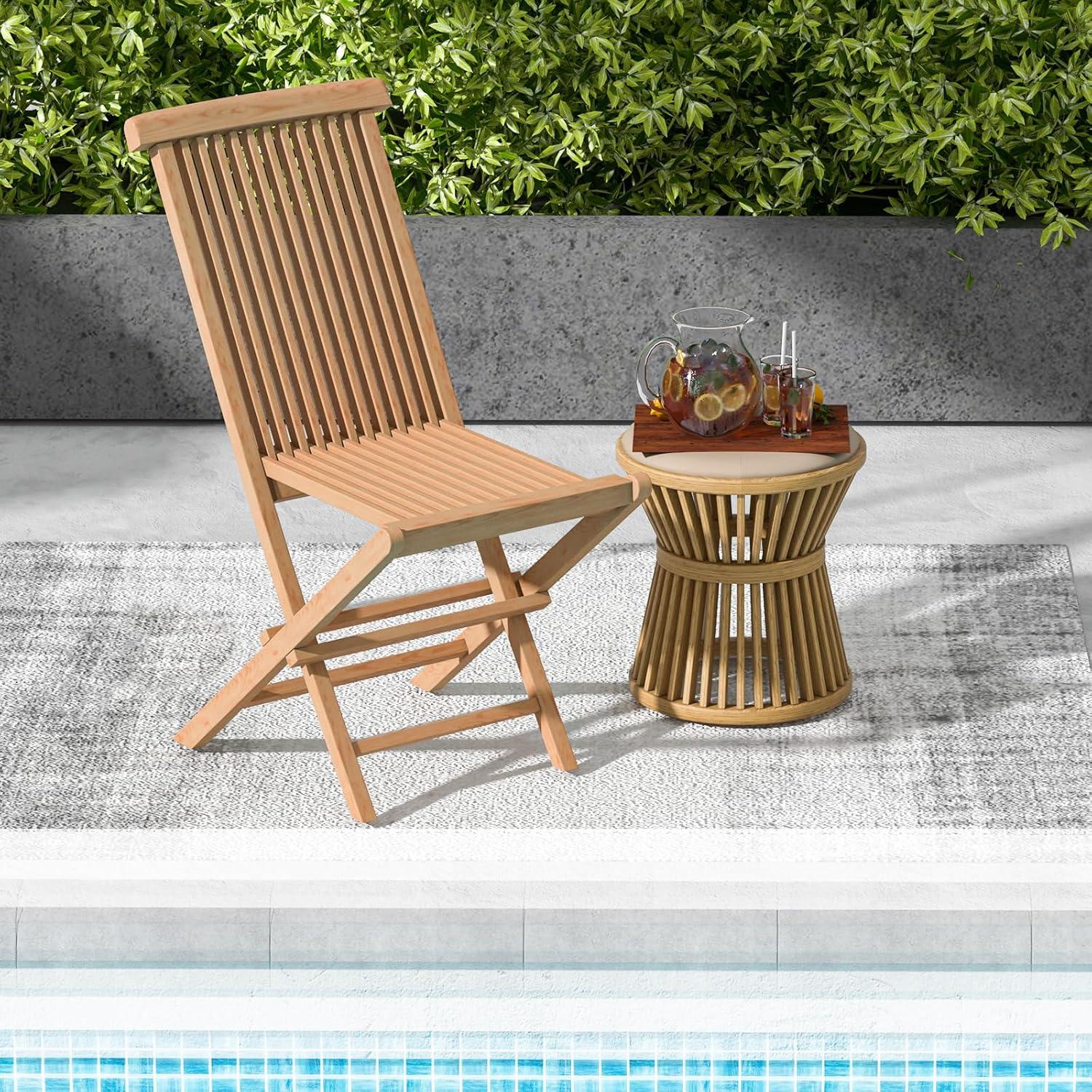 YYAo Folding Outdoor Chair, Folding Chair, Portable Dining Chair, Set of 2 Teak Patio Folding Chairs with High Back and Slatted Seat