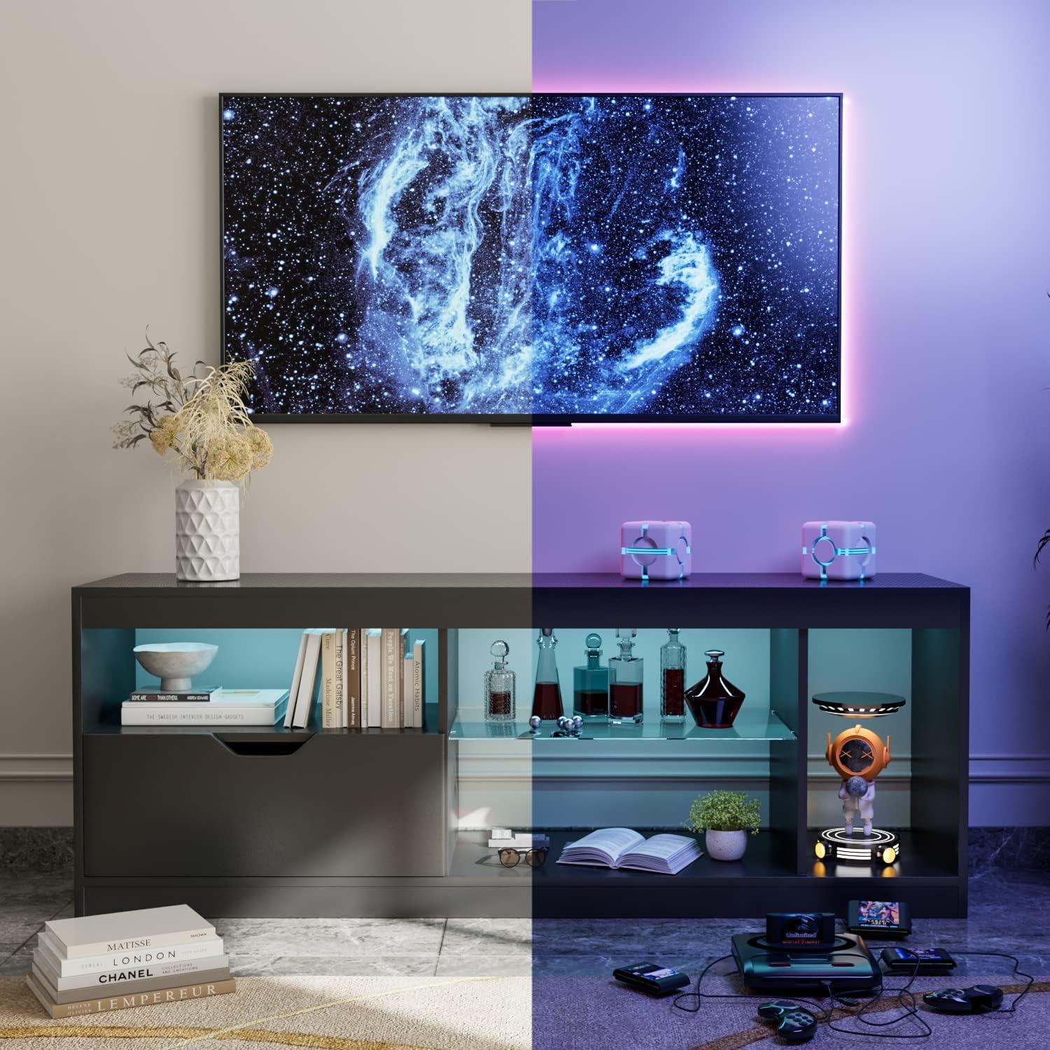 Homall  TV Stand for 65-Inch TV with Led Lights, High Gloss Cabinet and Storage Rack, Gaming Console Entertainment Center in Living Room Bedroom Media Floor,Black