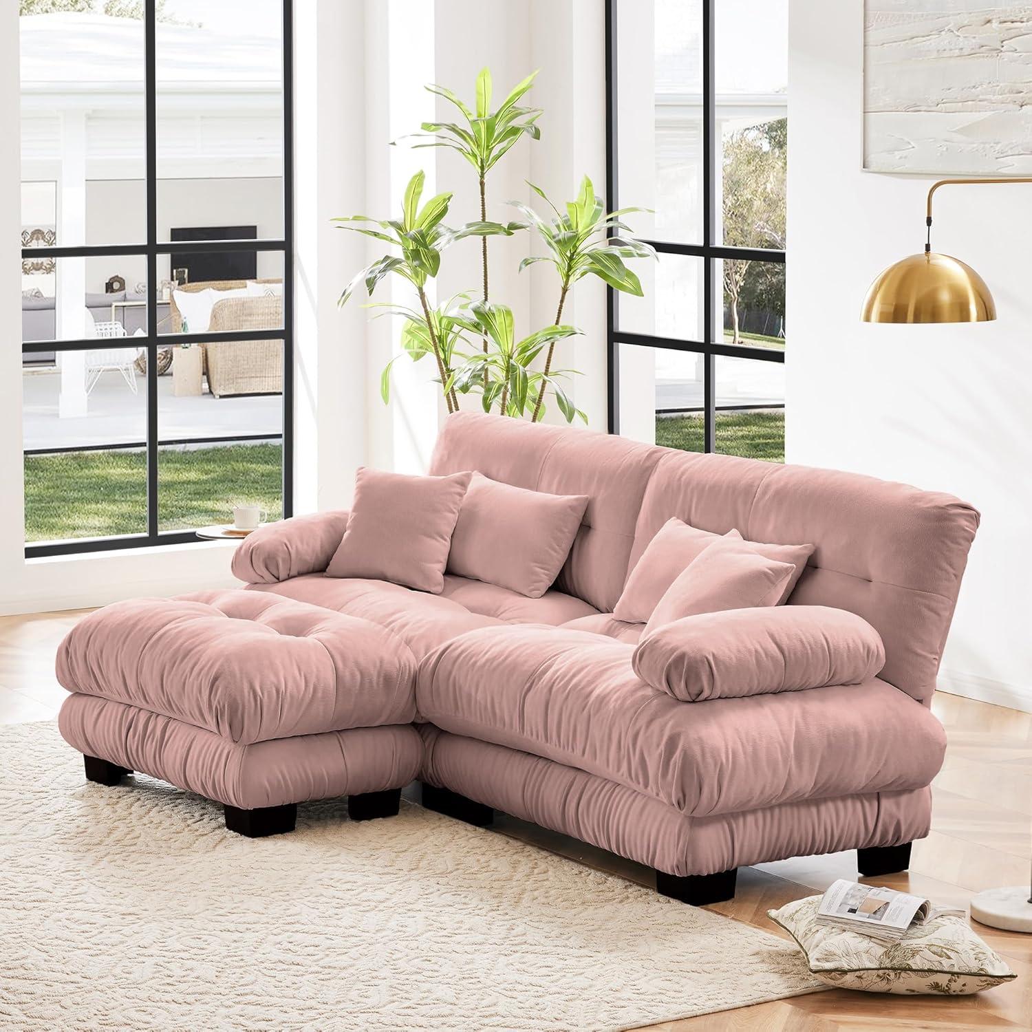 FFH Loveseat with Ottoman, 94.4" Oversized Cloud Sofa, L-Shaped Sectional Couch for Living Room (Chenille Pink, 2 Seater with 1 Ottoman)