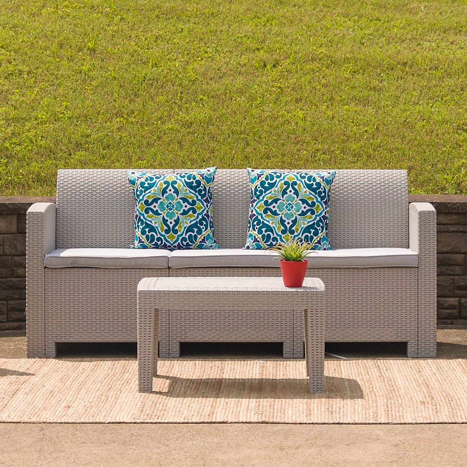Merrick Lane 4 Piece Dark Gray Faux Rattan Patio Furniture Set with 2 Chairs and Sofa with Removable Light Gray Cushions and Table