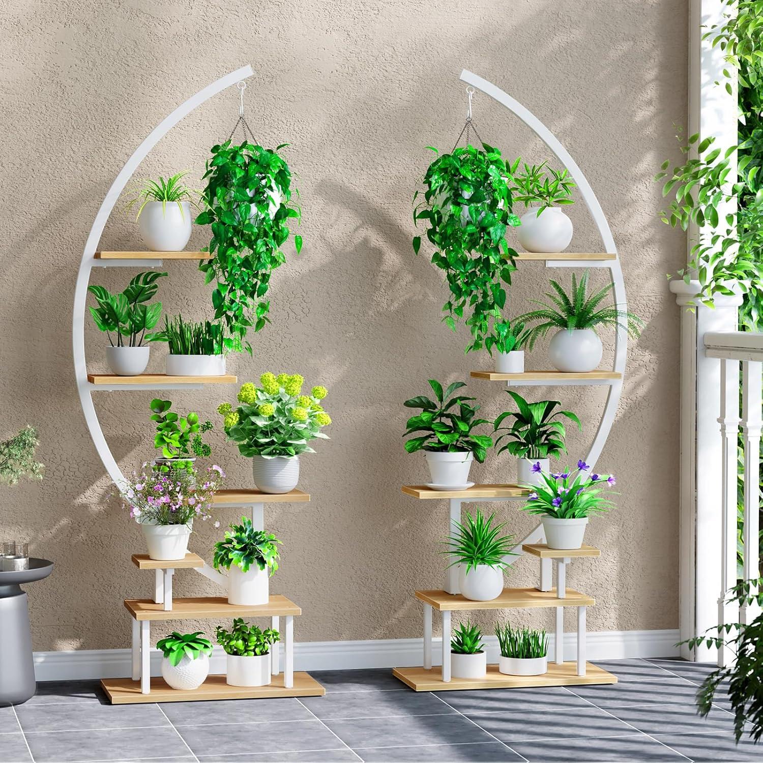 GREENSTELL Plant Stand with Grow Lights, Half Moon 7 Tiered Metal Plant Shelf, Multiple Tier Curved Ladder Flower Pot Stand Display Rack for Indoor Living Room Patio Garden Balcony Black (2 Pack)