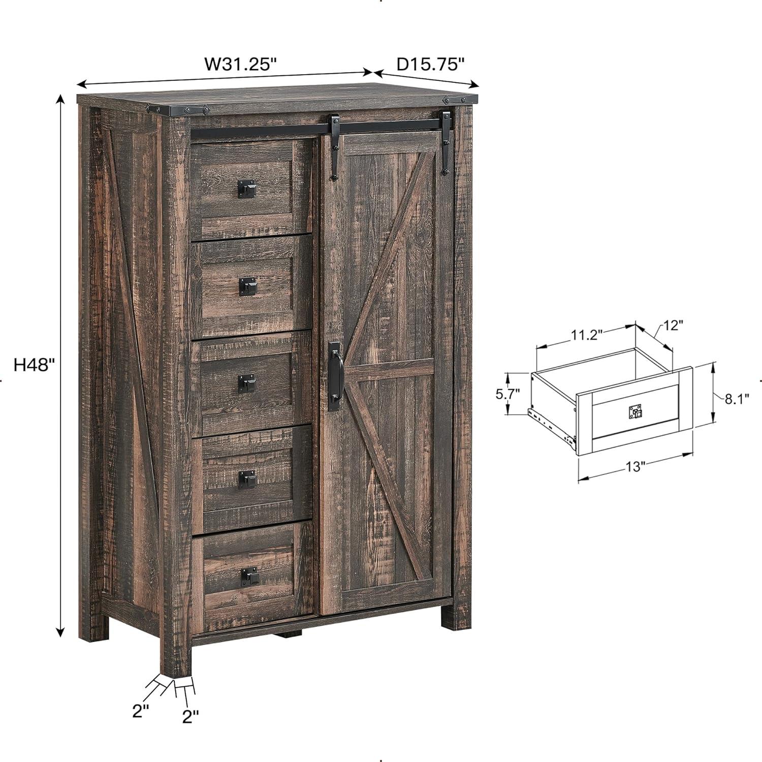 Farmhouse 5 Chest of Drawers, Tall Drawers Dresser with Sliding Barn Door