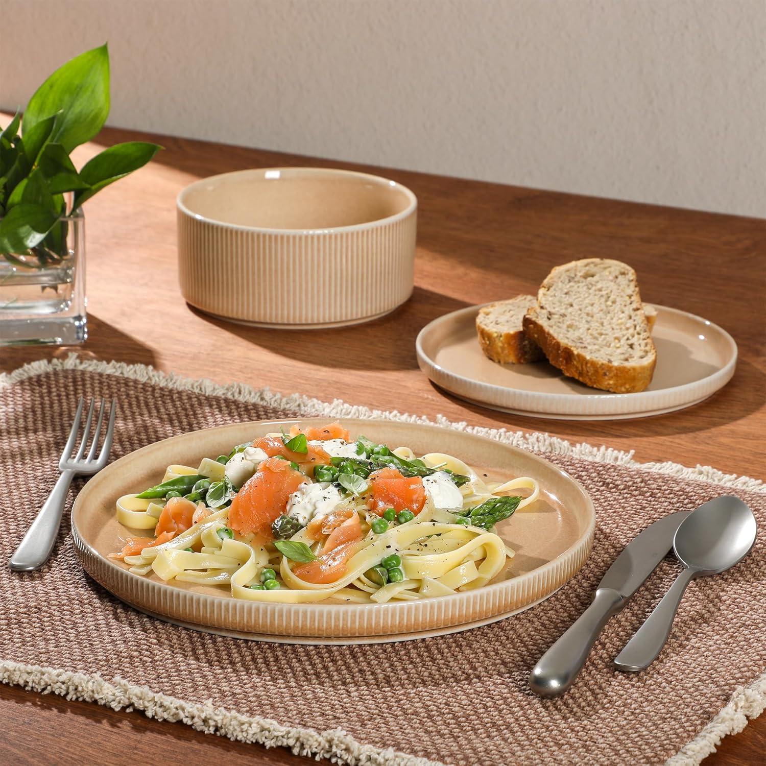 Gibson Elite Solana Coast 12 Piece Stoneware Reactive Glaze (Service for 4) Ceramic Plates and Bowls Modern Shape Embossed Dinnerware Set - Orange