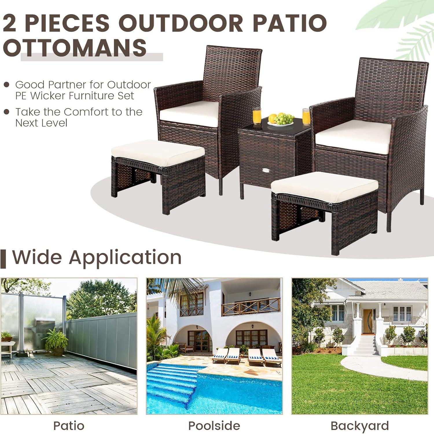 GVN 2 Pieces Patio Rattan Ottomans with Soft Cushion for Patio and Garden-White, Outdoor Footstool Footrest Furniture, All Weather Outdoor Ottomans Footrest Seat