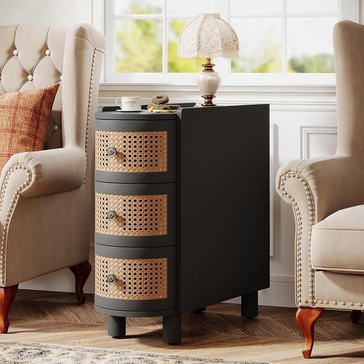Canddidliike Wood End Table, 3-Drawer Side Table NightStand with 3 Rattan Drawers, End Table for Bedroom, Black