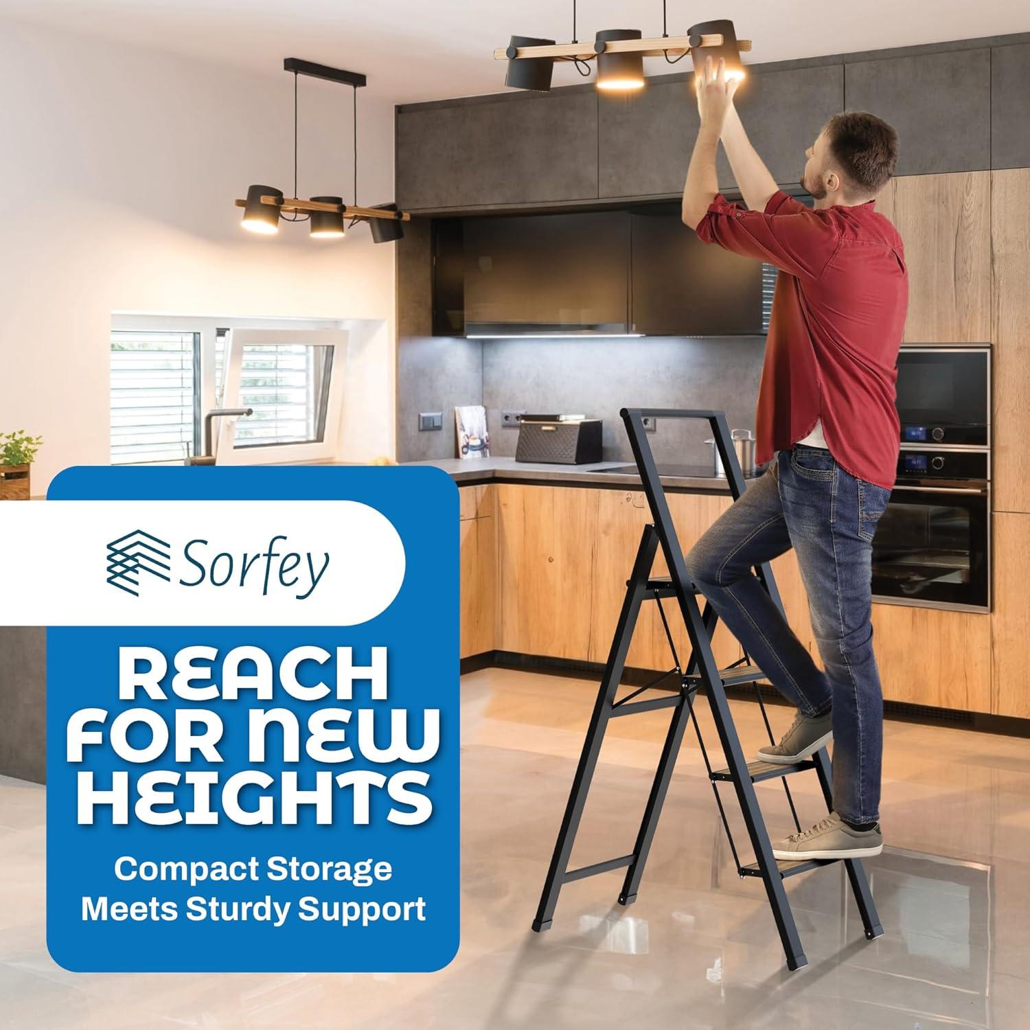 Step Ladder 4 Step Modern  - Beautiful Bamboo & Black Aluminum  - By SORFEY