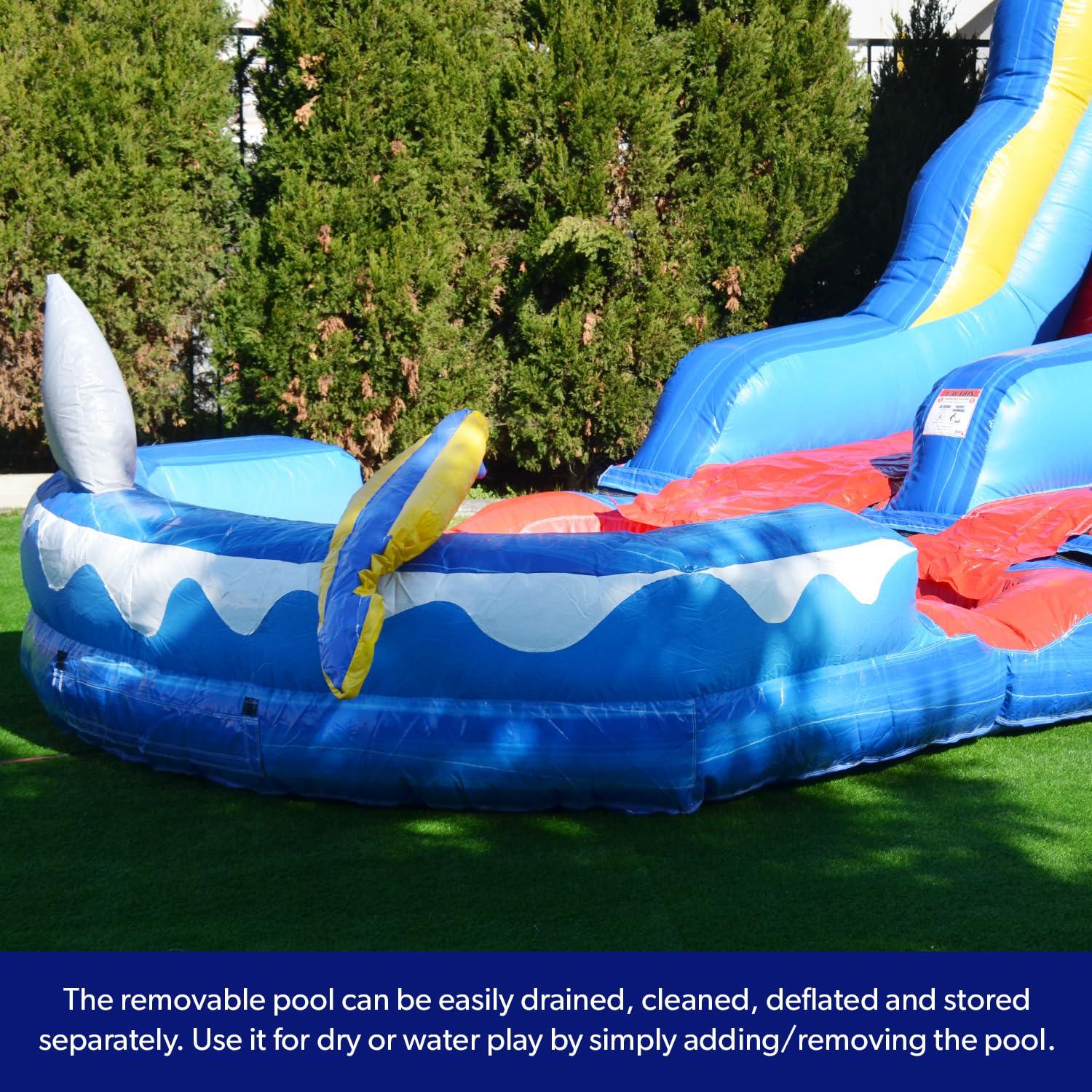 HeroKiddo Ocean Shark Commercial Grade Bounce House Water Slide with Splash Pool for Kids and Adults (with Blower), Basketball Hoop, Outdoor Indoor, Wet Dry Combo, Big Inflatable, Rental Quality