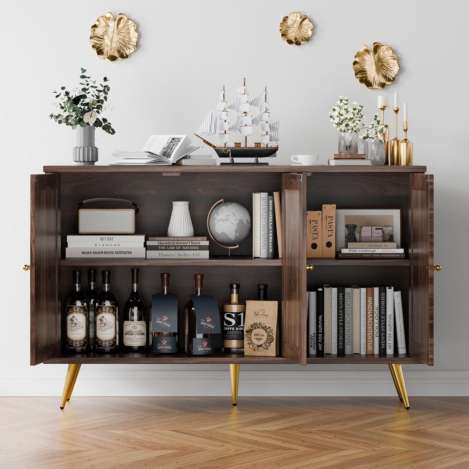 Walnut and Rattan 3-Door Accent Storage Cabinet